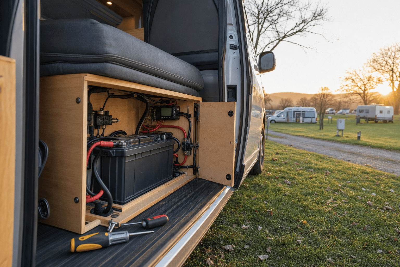 A campervan's under-seat leisure battery and wiring exposed in an open electrical bay, lit by warm evening daylight at a UK campsite.