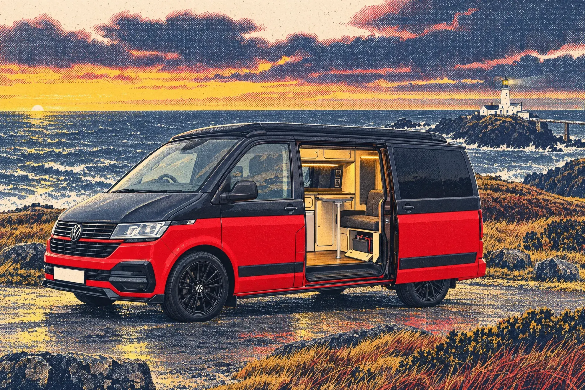A VW T6.1 pop-top campervan at dusk at Strumble Head, its sliding door open on a lit leisure battery compartment, with the white lighthouse beyond.