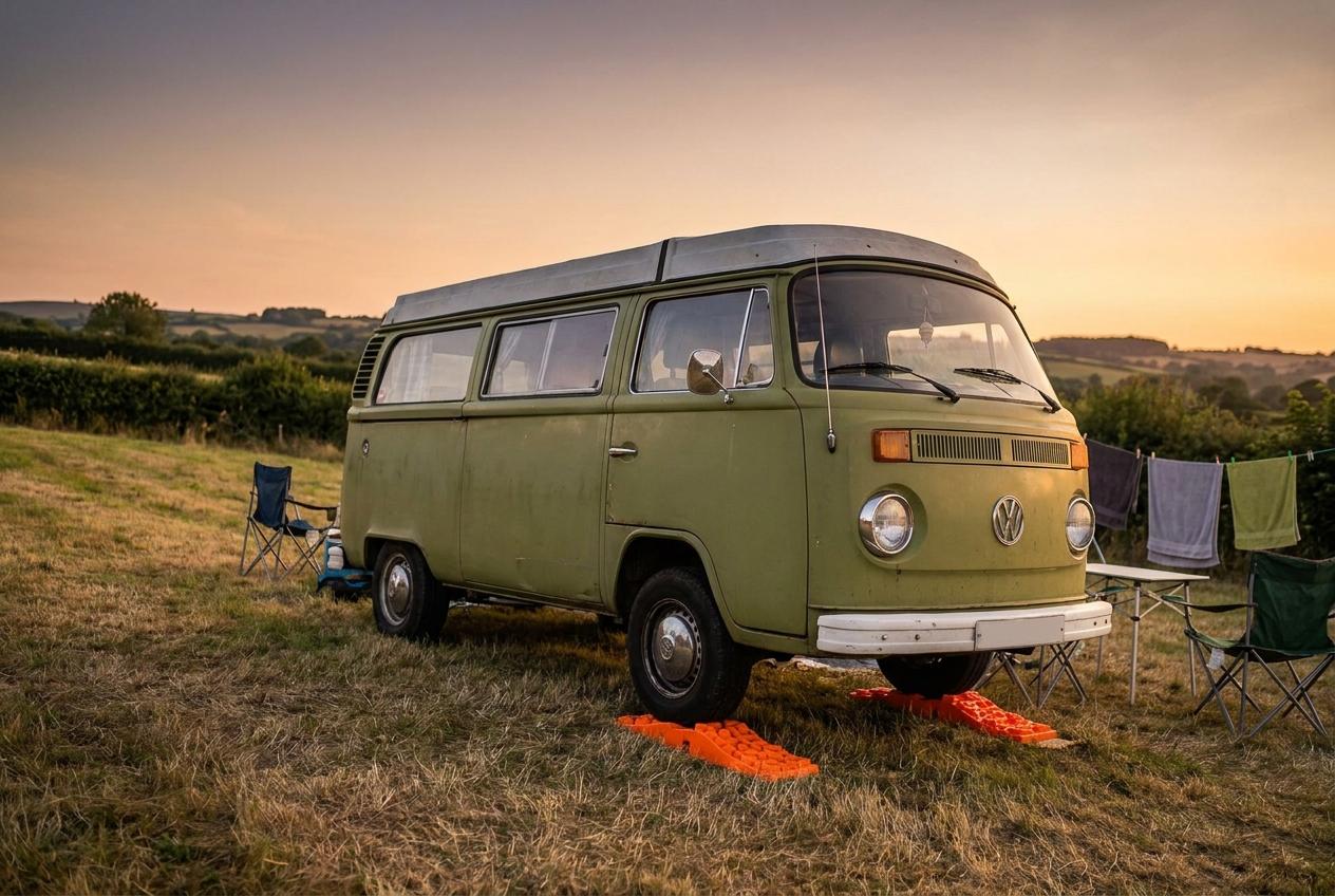 A campervan on a sloping grass pitch with one front wheel raised on orange plastic levelling ramps in evening light.