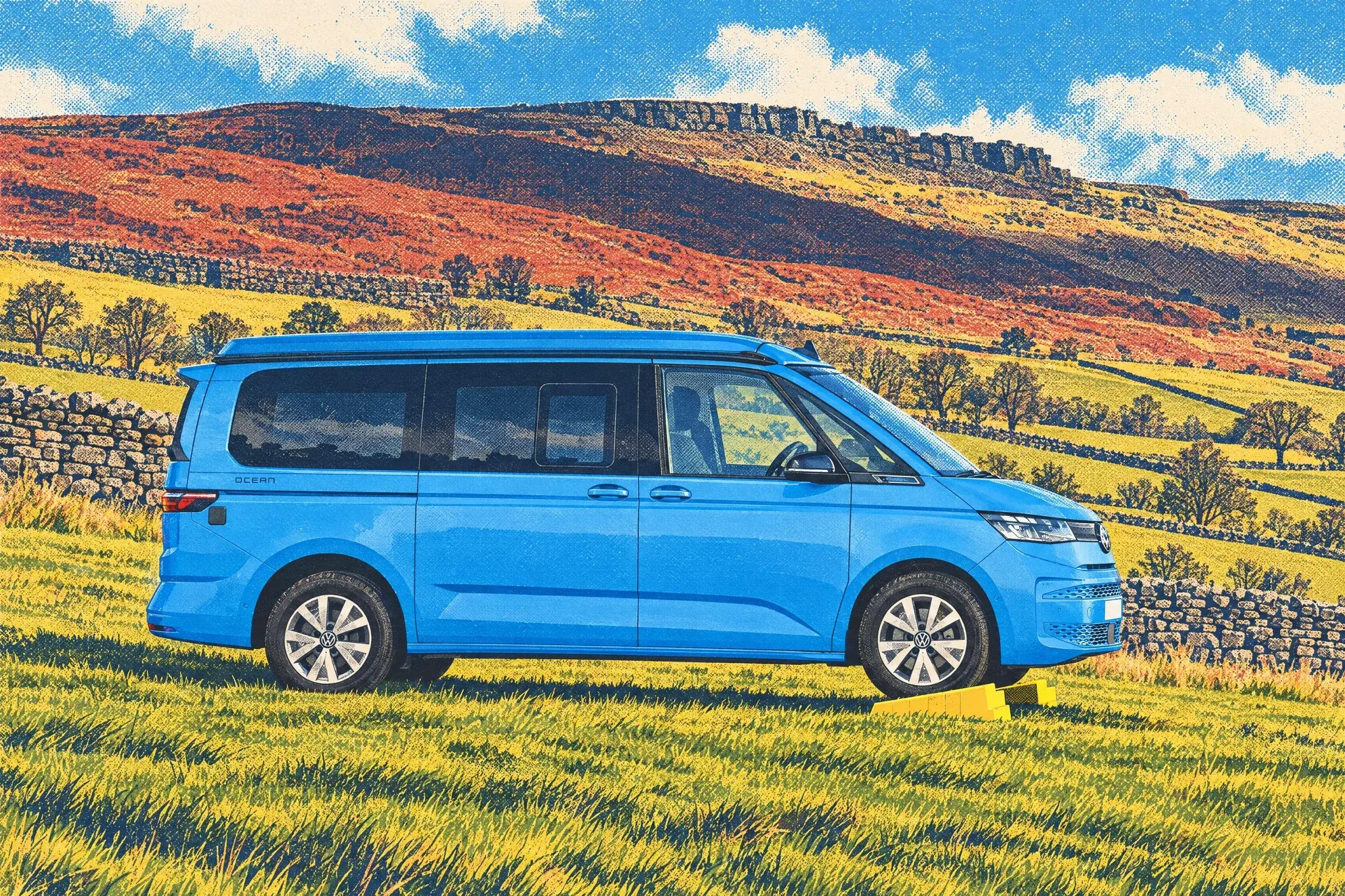 A Volkswagen California campervan sits level with its front wheels on yellow ramps on a sloping farm campsite pitch in Edale, with drystone walls and Kinder Scout behind.