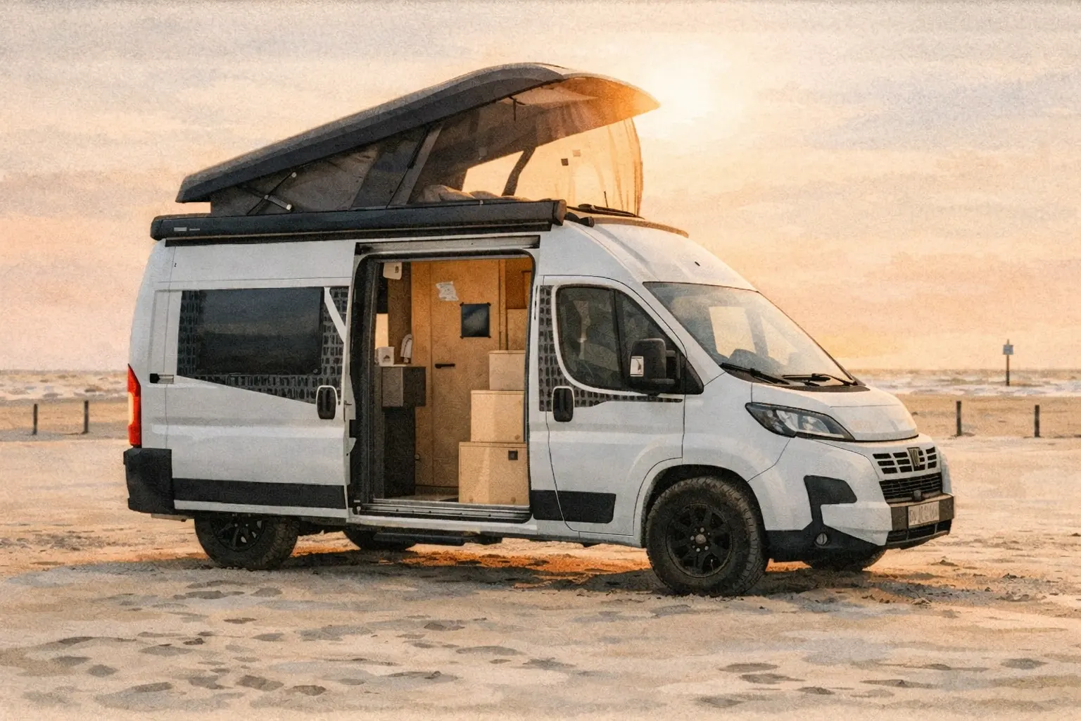 White campervan with open roof box and pop-up tent on beach sand at sunset.