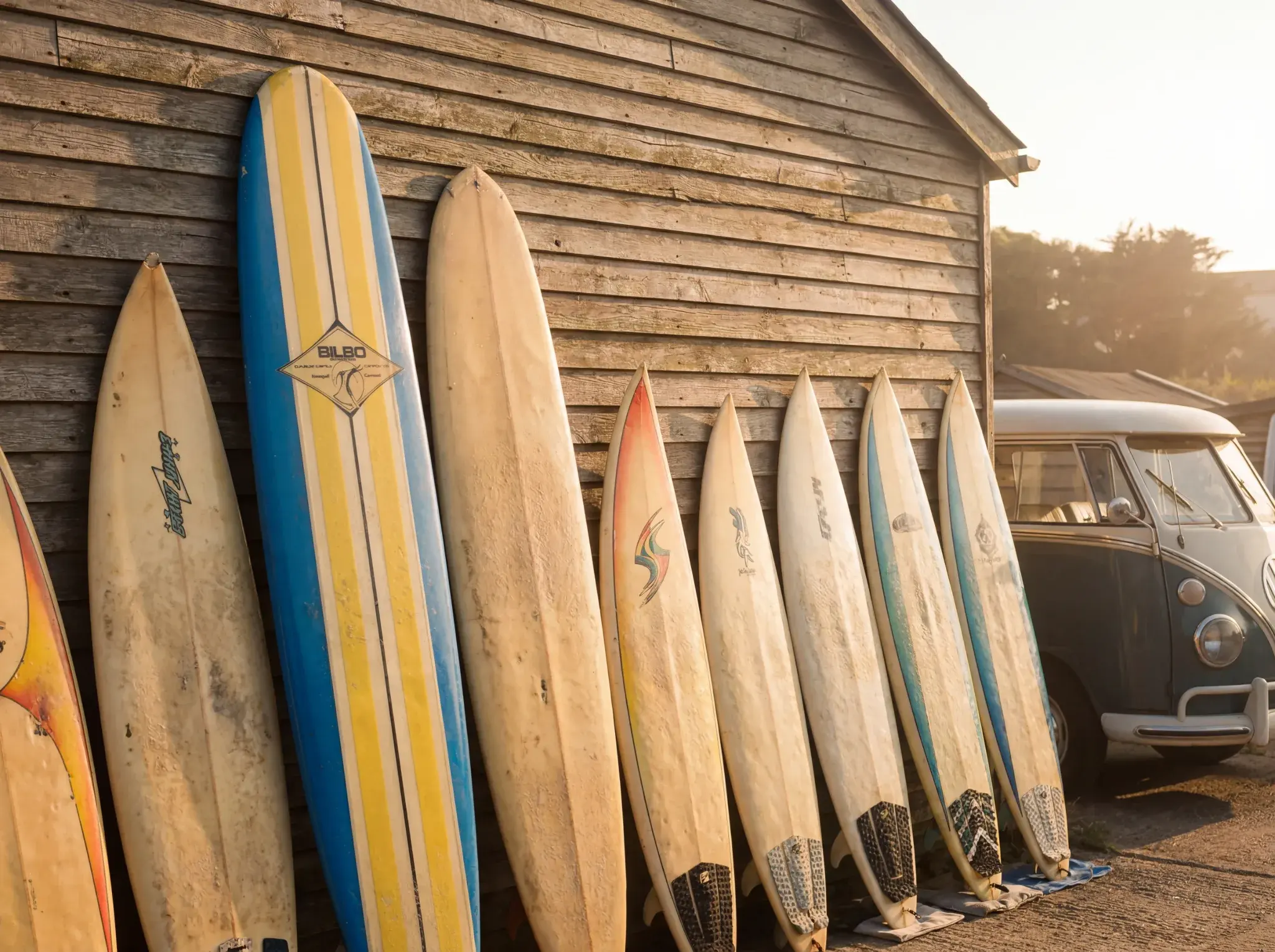 Vintage surfboards leaning against wooden shed with classic campervan parked beside at sunset.