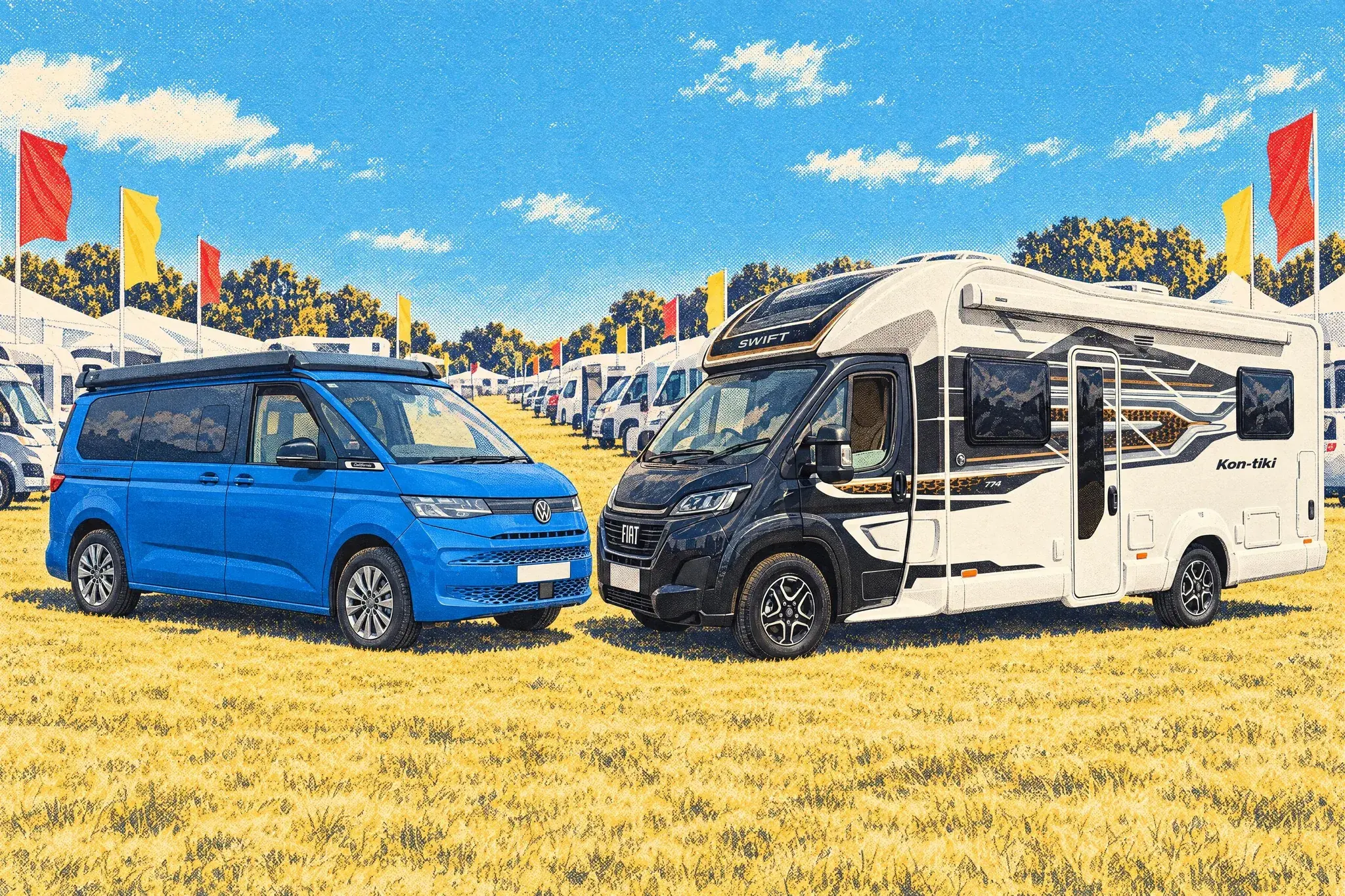 A compact VW California campervan parked nose to nose with a far larger Swift Kontiki coachbuilt motorhome on a sunny, breezy show field at Peterborough.