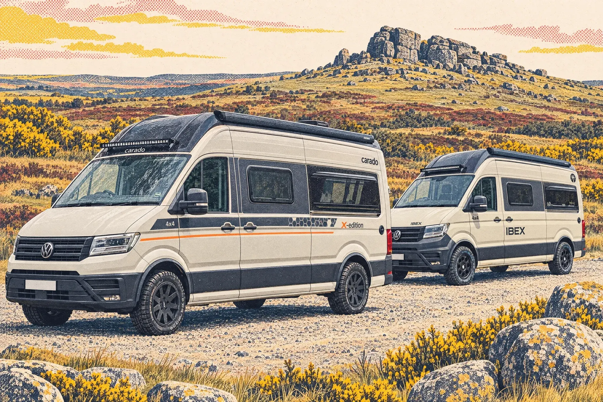 Two near-identical VW Crafter 4x4 campervans, a Carado CV595 X-Edition and a Sunlight IBEX 604D, parked staggered in a gravel car park beneath Haytor on Dartmoor in spring.