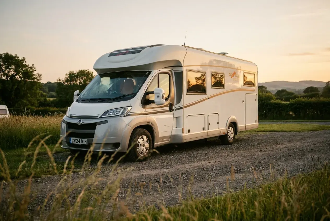 A modern white Carthago low-profile motorhome on a Mercedes Sprinter base parked on a quiet UK campsite pitch in warm golden-hour light.