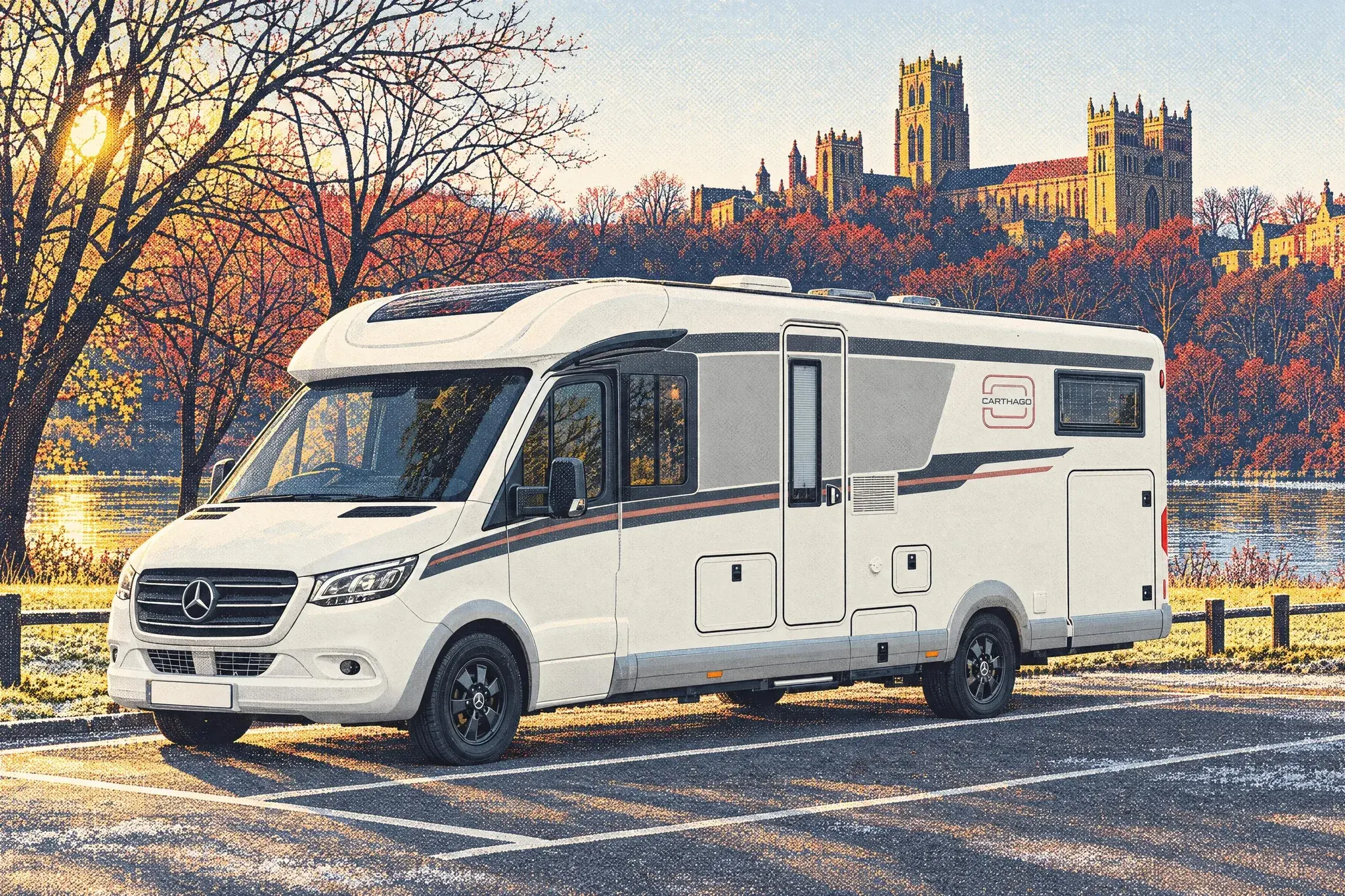 A Carthago chic c-line T 4.9 LE motorhome parked side-on in a long bay at The Sands, Durham, on a frosty winter afternoon, with the River Wear and cathedral towers beyond.