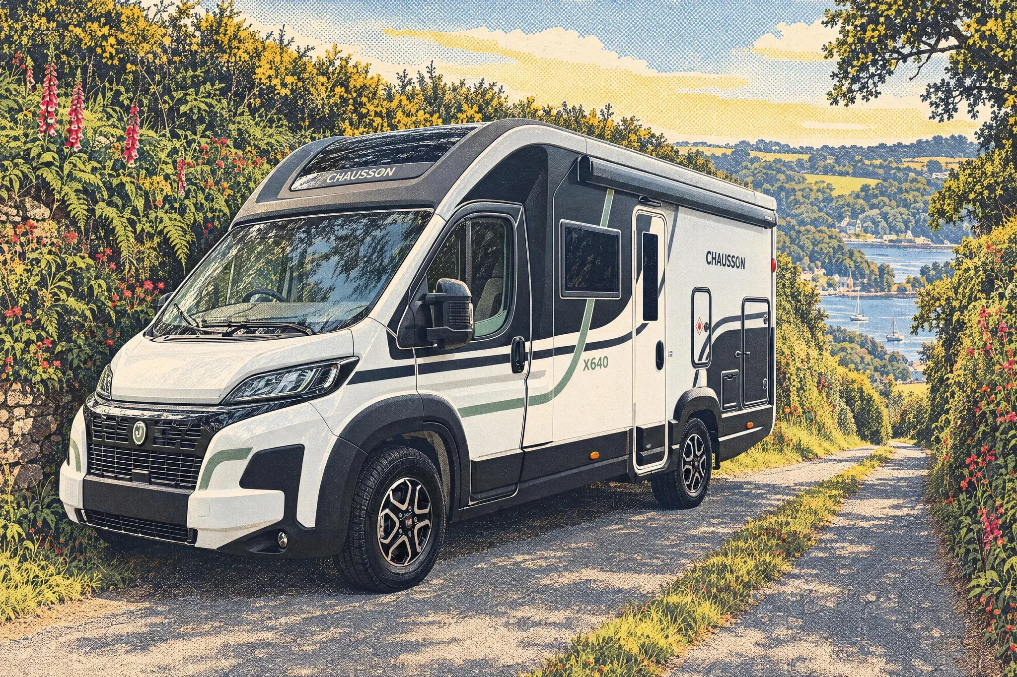 A Chausson X640 low-profile motorhome on a Fiat Ducato cab, pulled into a passing place on a narrow, high-hedged Cornish lane on a sunny June morning.