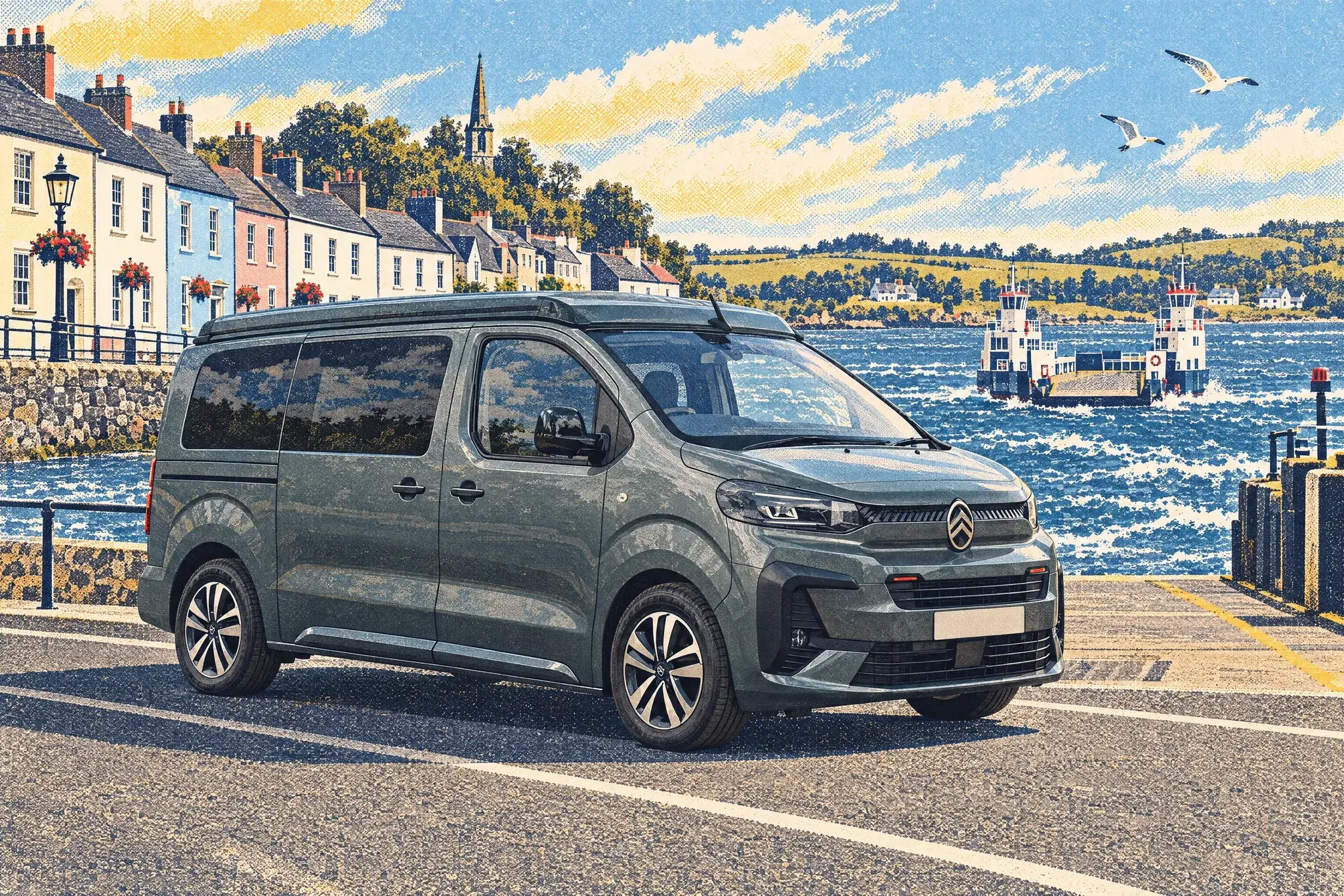 Side view of a Citroën Holidays pop-top camper waiting alone in the Portaferry ferry lane, painted houses behind and the small ferry crossing the breezy Strangford Narrows.