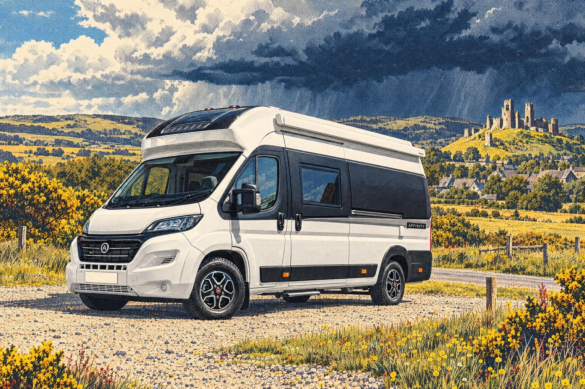 Illustration of a tall Coachman Affinity One Fiat Ducato campervan on Corfe Common, Dorset, with Corfe Castle's ruins under dark storm clouds behind.