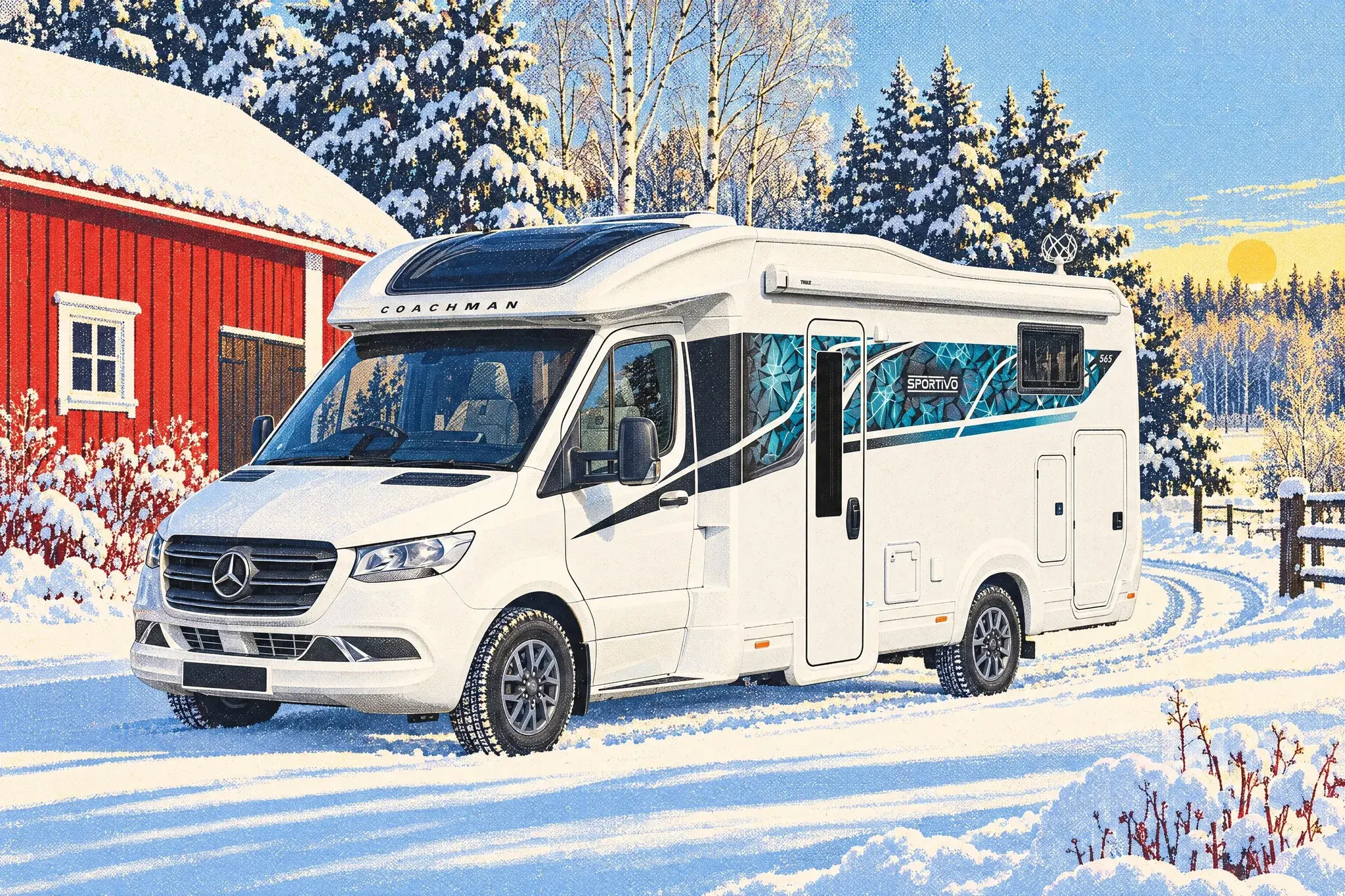 Illustration of a Coachman Sportivo 565 TRAQ, a 4x4 Mercedes Sprinter motorhome, on fresh snow by a red Swedish barn and spruce forest in low winter sun.