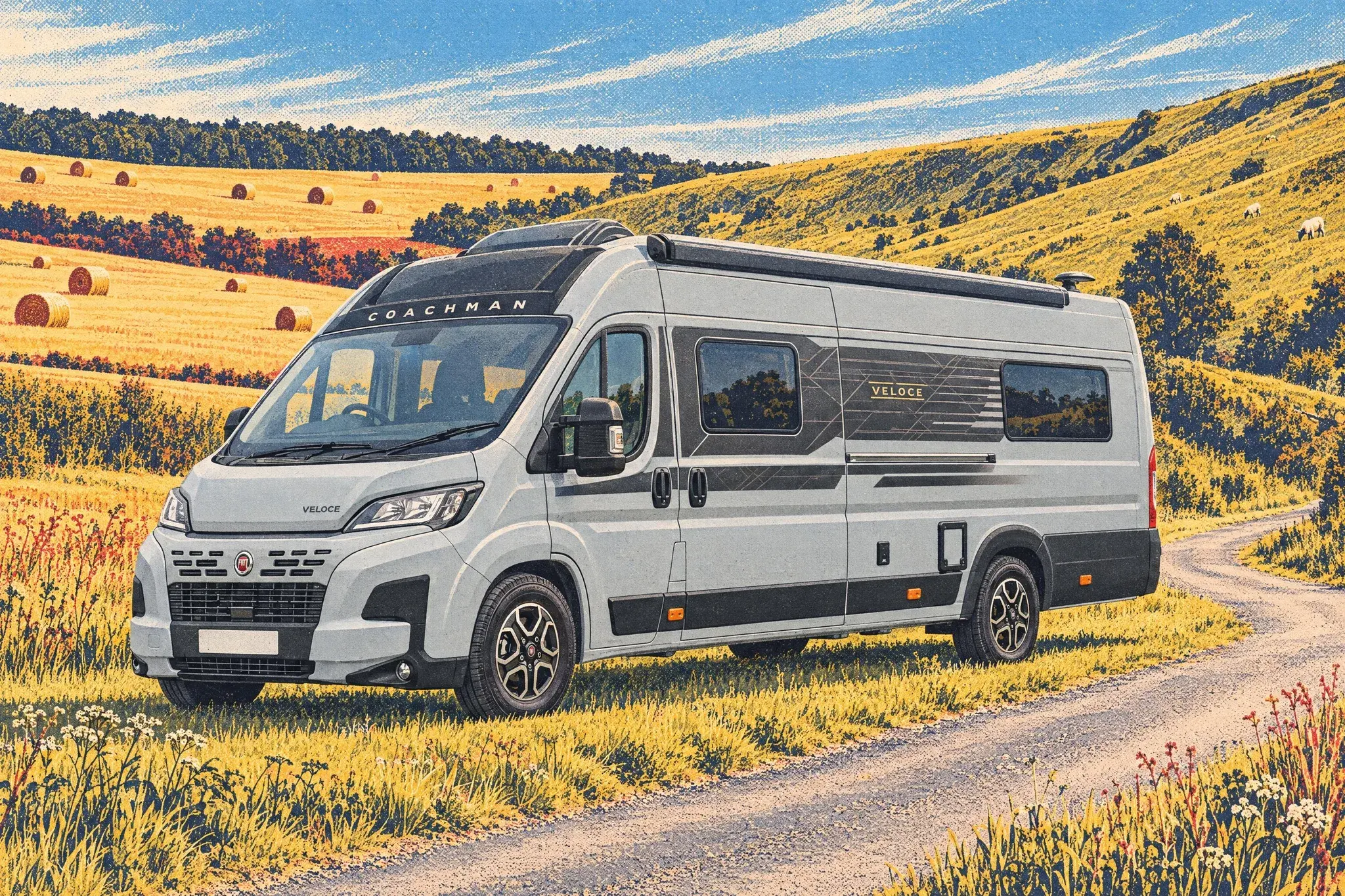 A grey 2027 Coachman Veloce Fiat Ducato campervan on a grass verge in a Yorkshire Wolds chalk valley on a warm August afternoon, with harvest stubble and straw bales above.