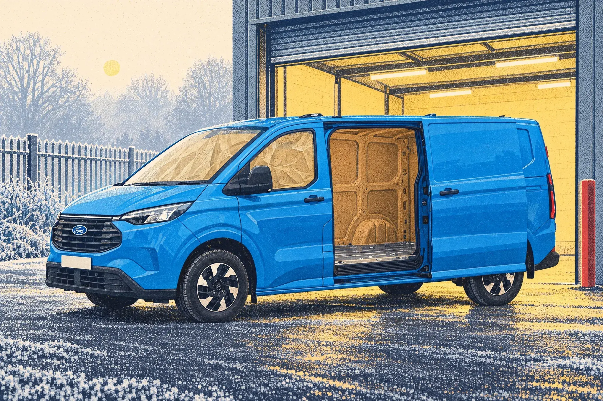 A Ford Transit Custom panel van in a small industrial unit on a foggy February morning, its open side door showing walls and roof sprayed with biscuit-brown cork.