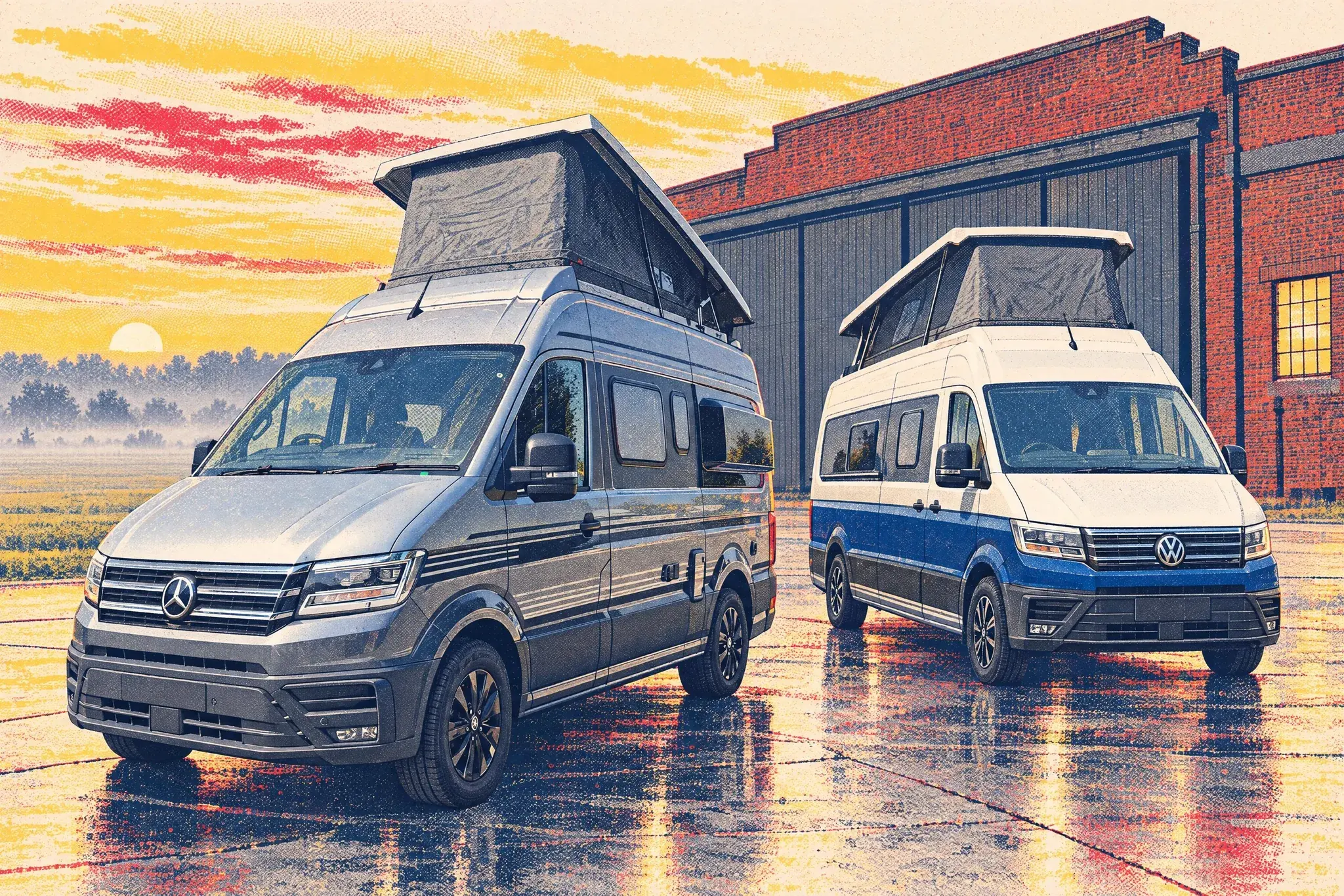 A custom-built APE Sprinter adventure van beside a factory-built Eriba Car 600 campervan on damp concrete by a brick hangar at Bicester Heritage on a foggy November dawn.