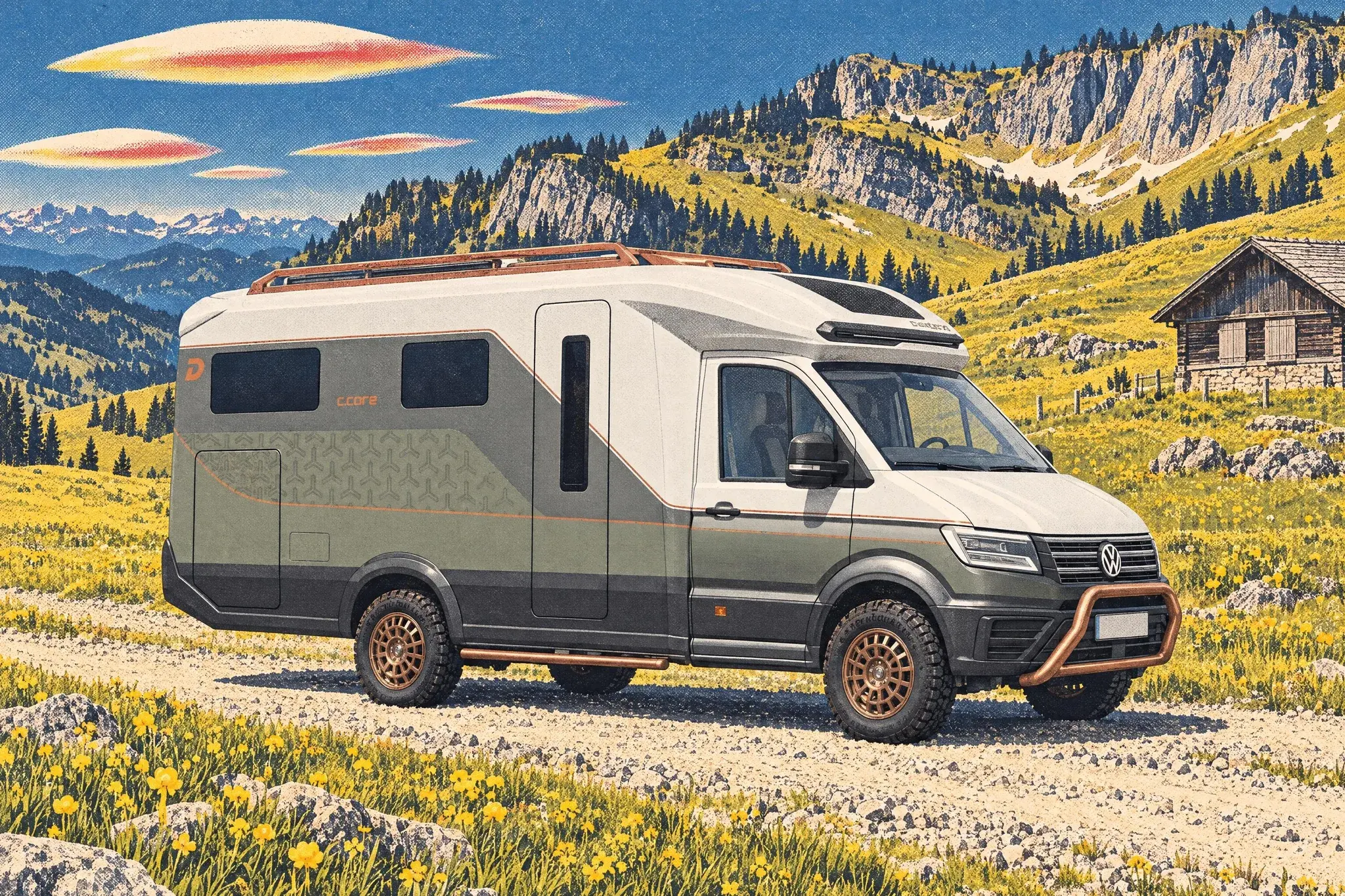 The Dethleffs c.core concept motorhome on its VW Crafter base, parked alone on a gravel track across a high Allgäu alpine pasture under a clear blue sky.
