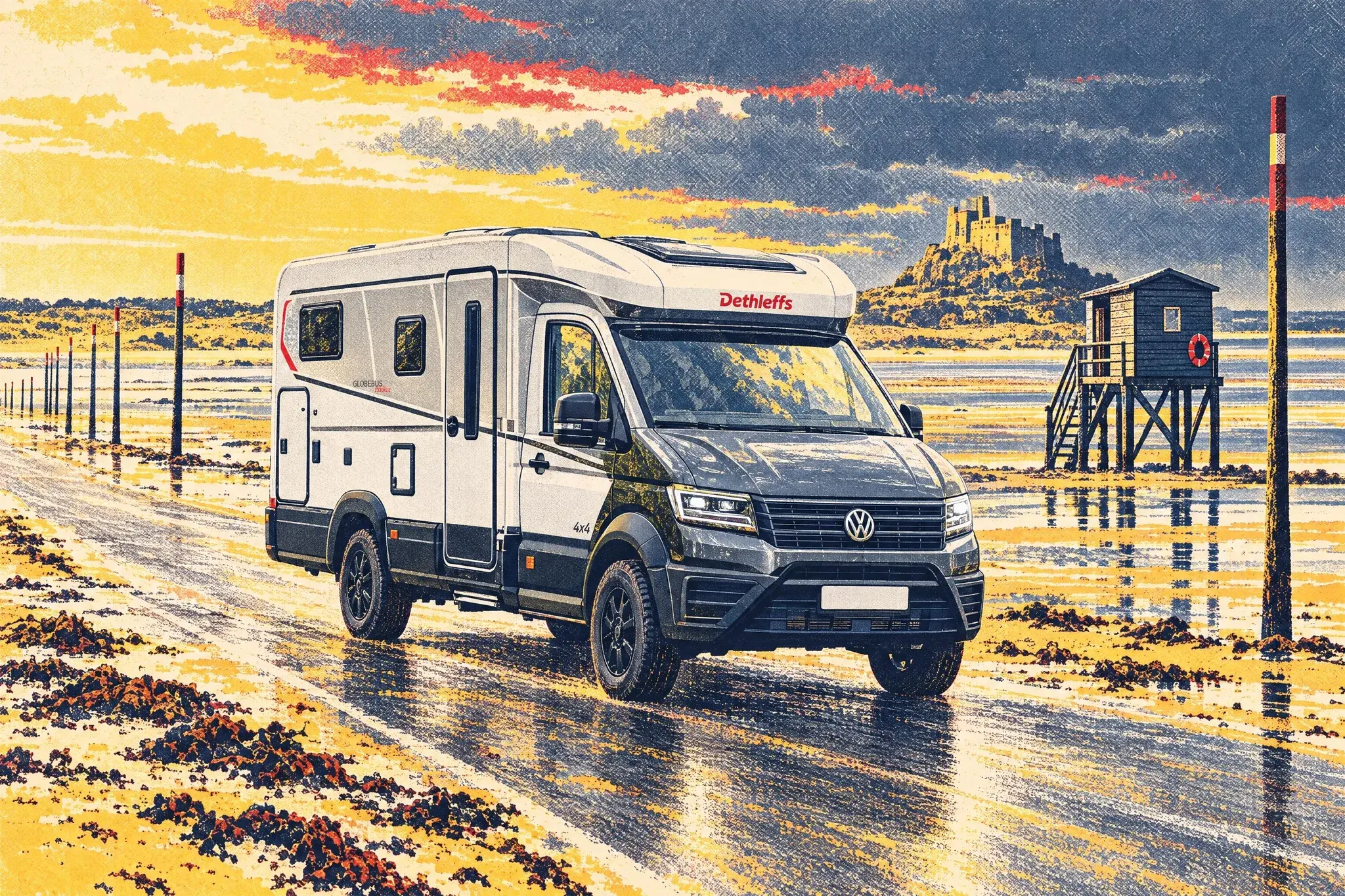 Illustration of a Dethleffs Globebus Performance 4x4 T 16 motorhome on a VW Crafter crossing the Holy Island causeway at low tide, with Lindisfarne Castle beyond.