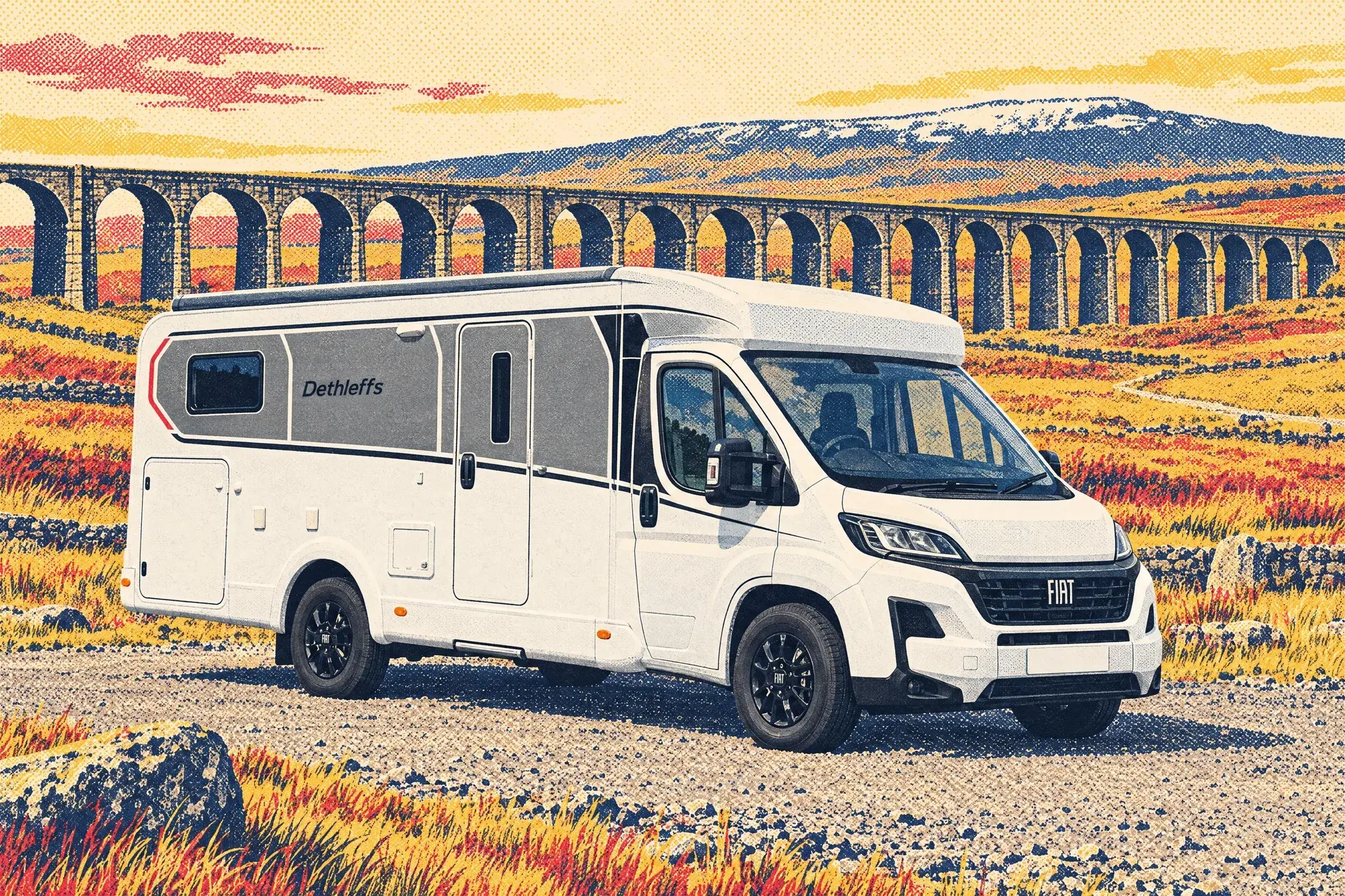 A Dethleffs Just Van compact motorhome on a Fiat Ducato base, parked alone on gravel beneath the Ribblehead Viaduct in the Yorkshire Dales on a crisp autumn afternoon.