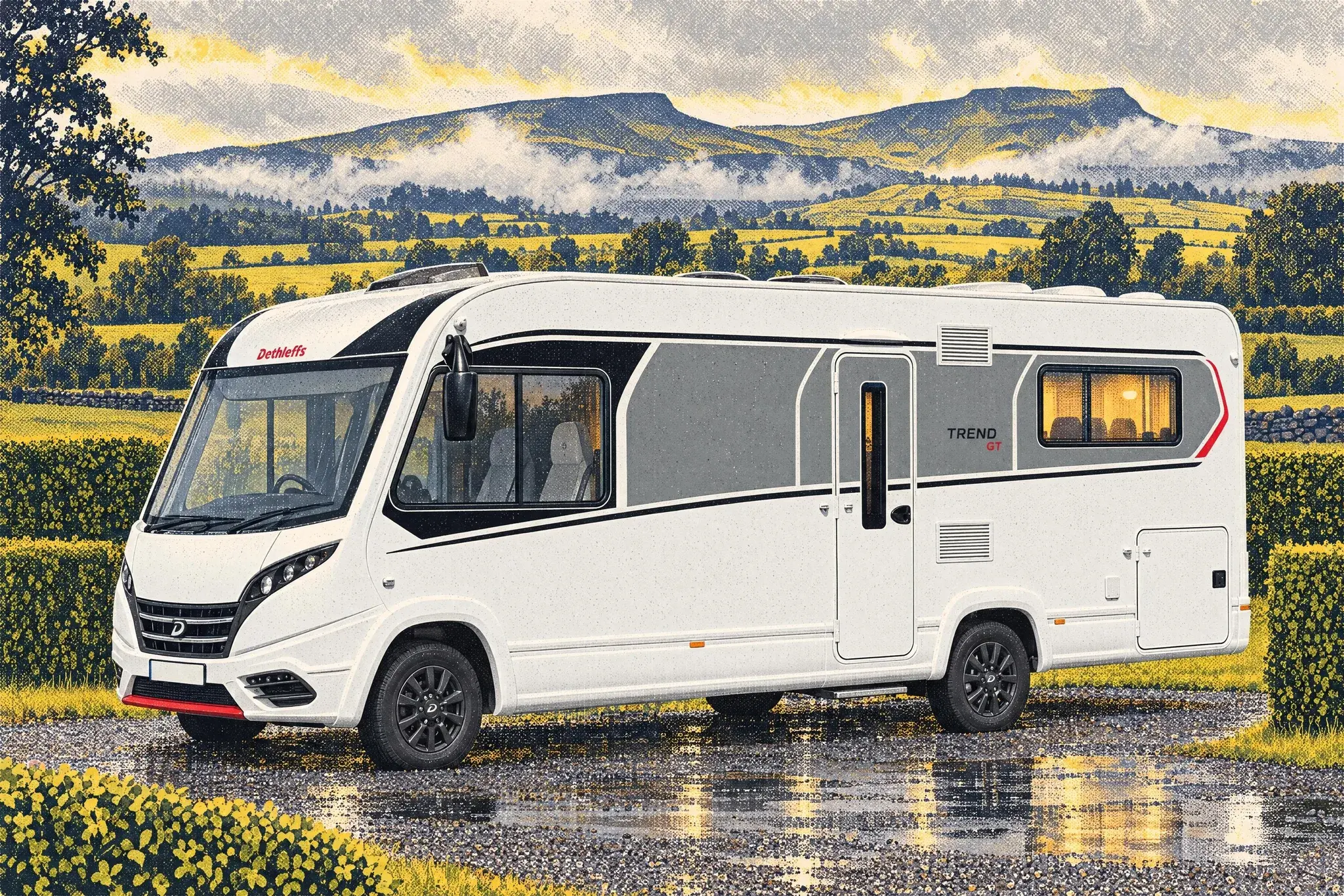 The Dethleffs Trend I 7027 Active A-class motorhome on a wet touring-park pitch near Brecon, warm light in its rear lounge windows, Pen y Fan behind.