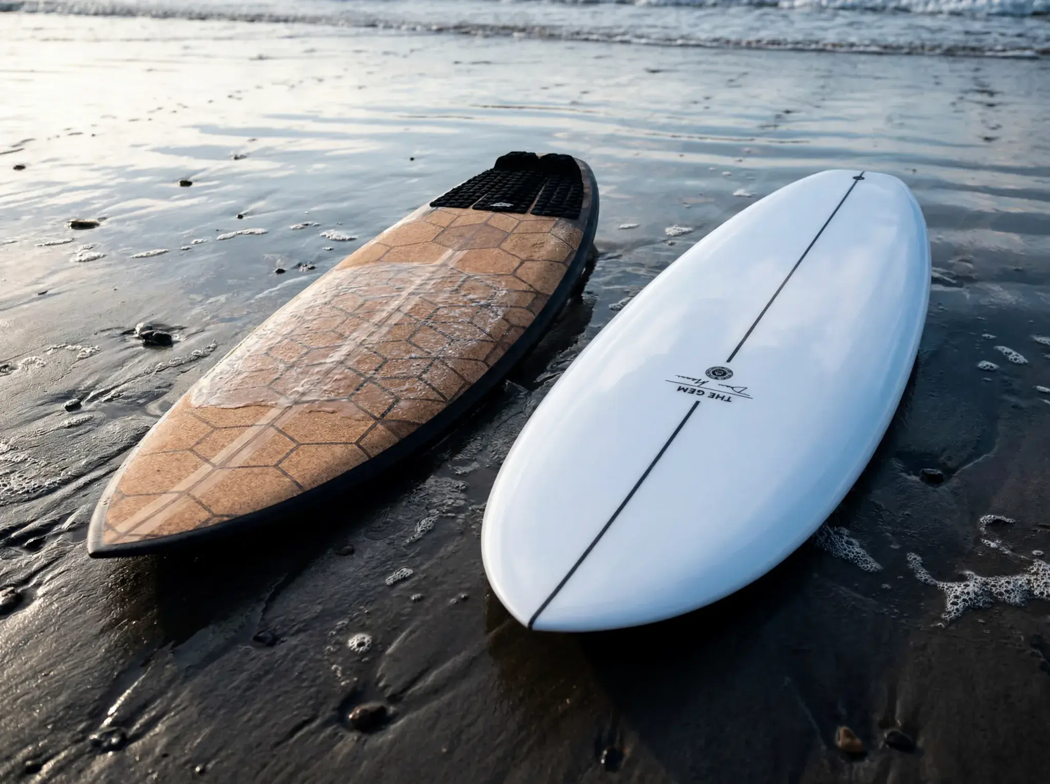 Two surfboards resting in shallow beach water, one with cork and black top, one white with center stripe.