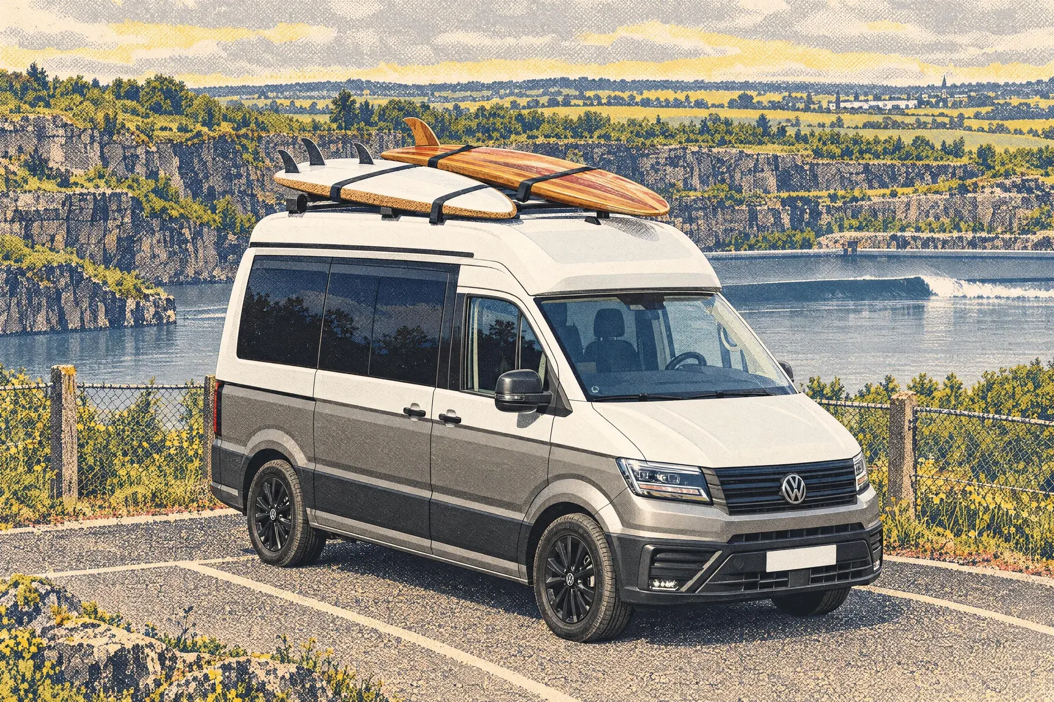 A VW California parked above the still grey quarry lagoon at Lost Shore, Edinburgh, with a hollow wooden surfboard and a cork-railed board on its roof bars.