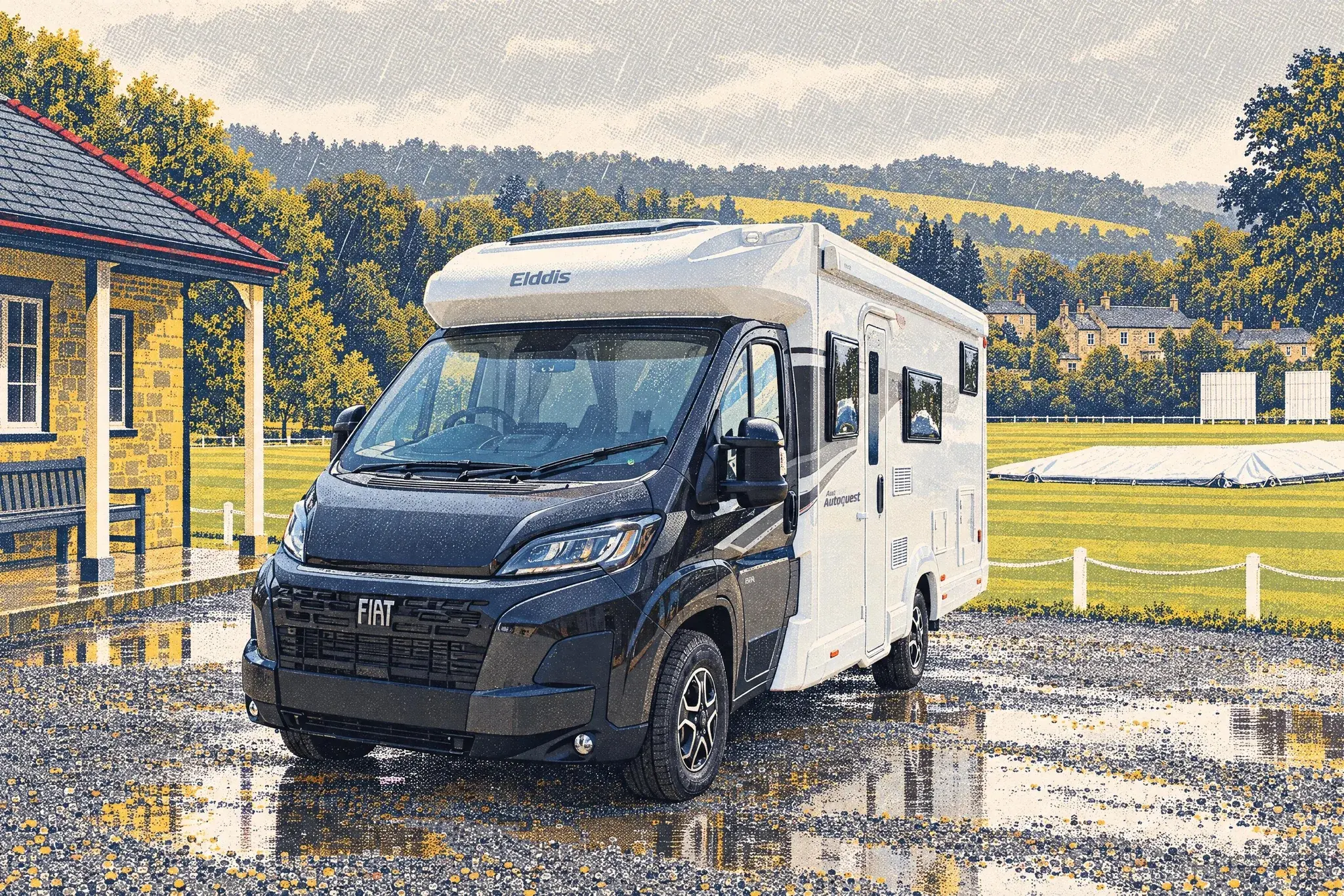 Illustration of an Elddis Autoquest coachbuilt motorhome parked beside a rain-soaked village cricket ground in County Durham, the square under covers.