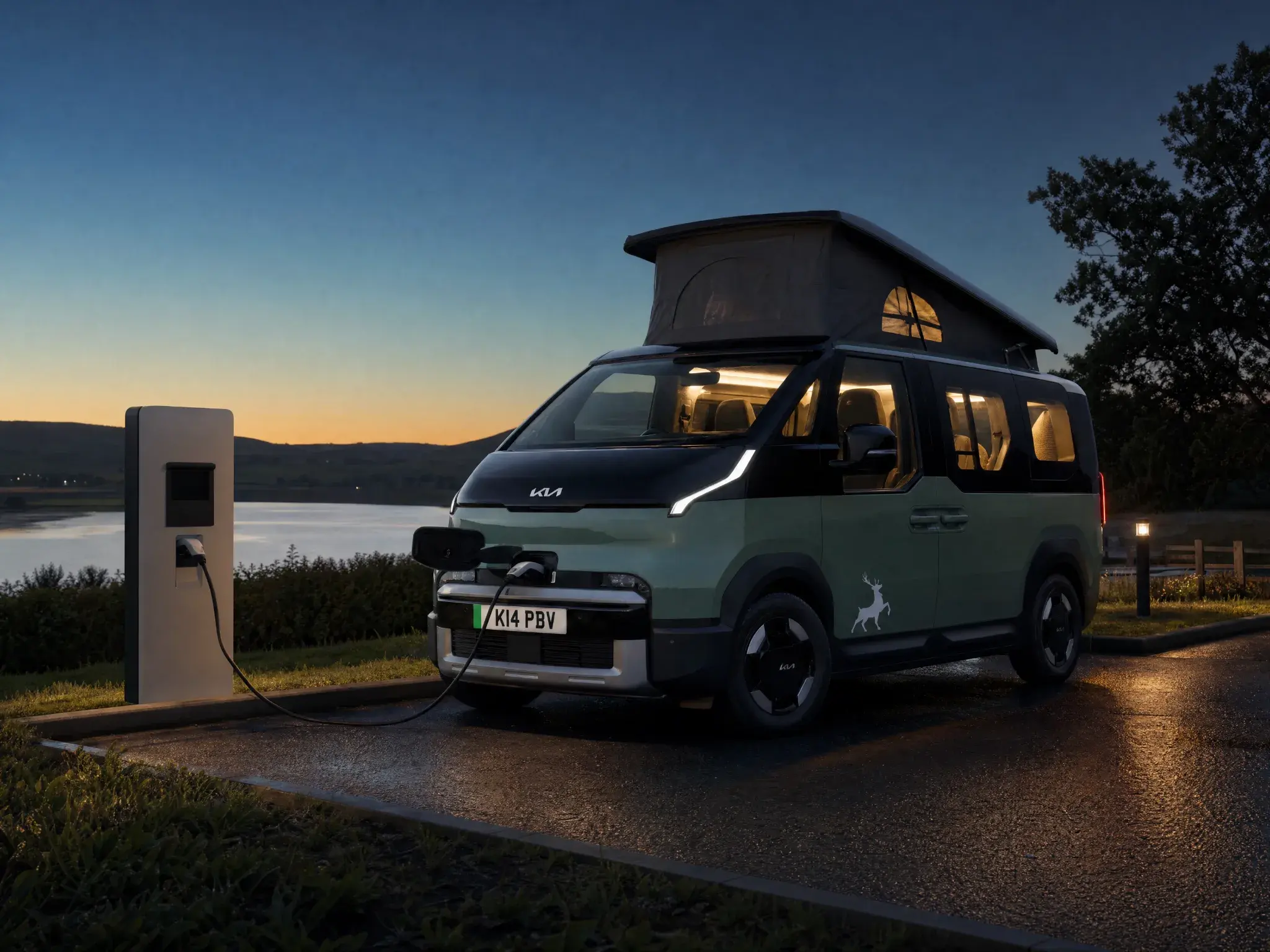 An electric campervan plugged into a charge point at a quiet UK campsite at dusk.