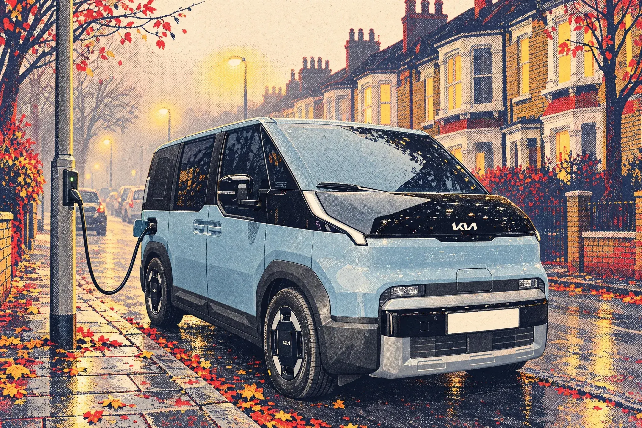 A Kia PV5 electric van plugged into a lamp-post charger at the kerb of a foggy Victorian terraced street in Walthamstow at dusk.