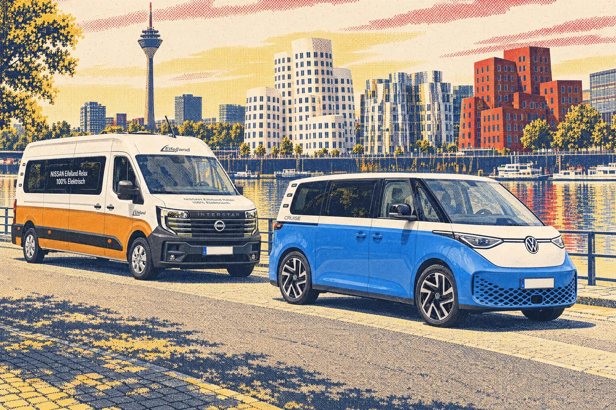 A VW ID. California Cruise and a longer, taller Eifelland Relax, two electric campervans, parked on a Düsseldorf harbour quay with Gehry's wavy buildings and the Rheinturm behind.