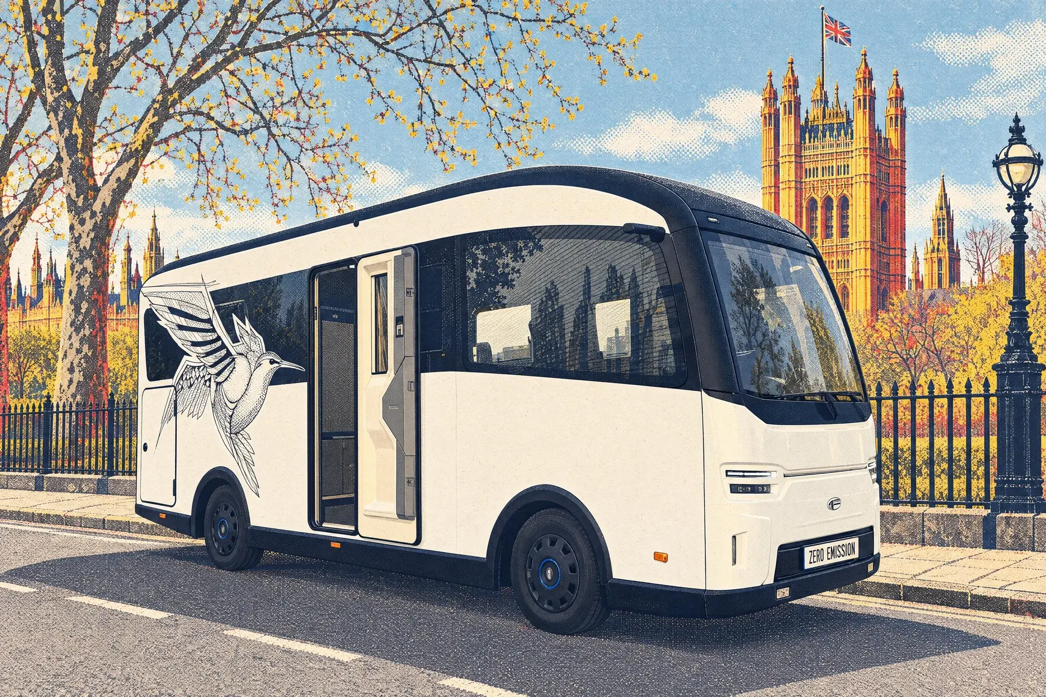 Illustration of the white EVOLVE electric motorhome concept parked on Millbank in Westminster, with the Victoria Tower of the Houses of Parliament rising behind.