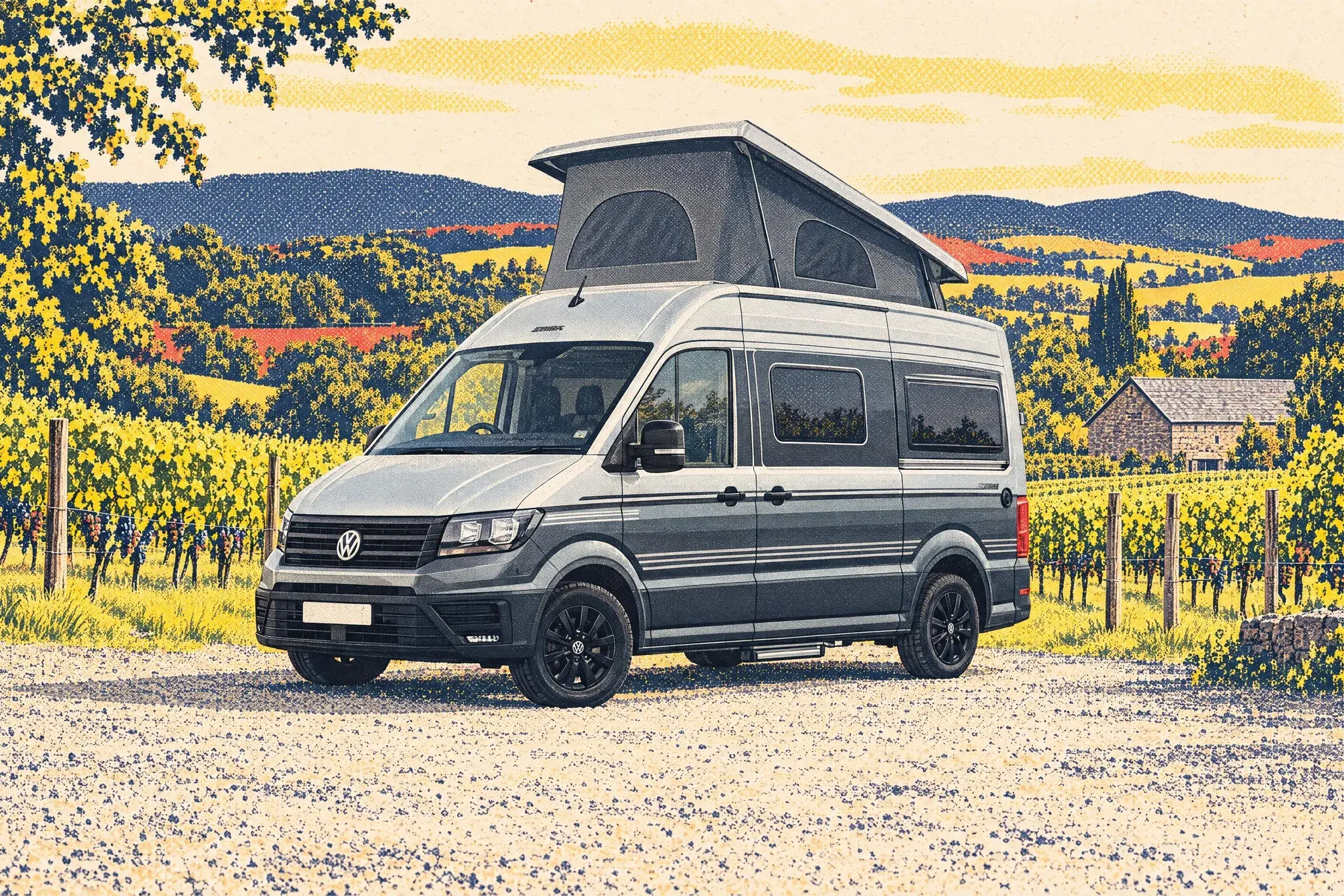 An Eriba Car 600 campervan in silver and grey metallic paint with its pop top raised, parked at the top of sunny vine rows at a Monmouthshire vineyard.
