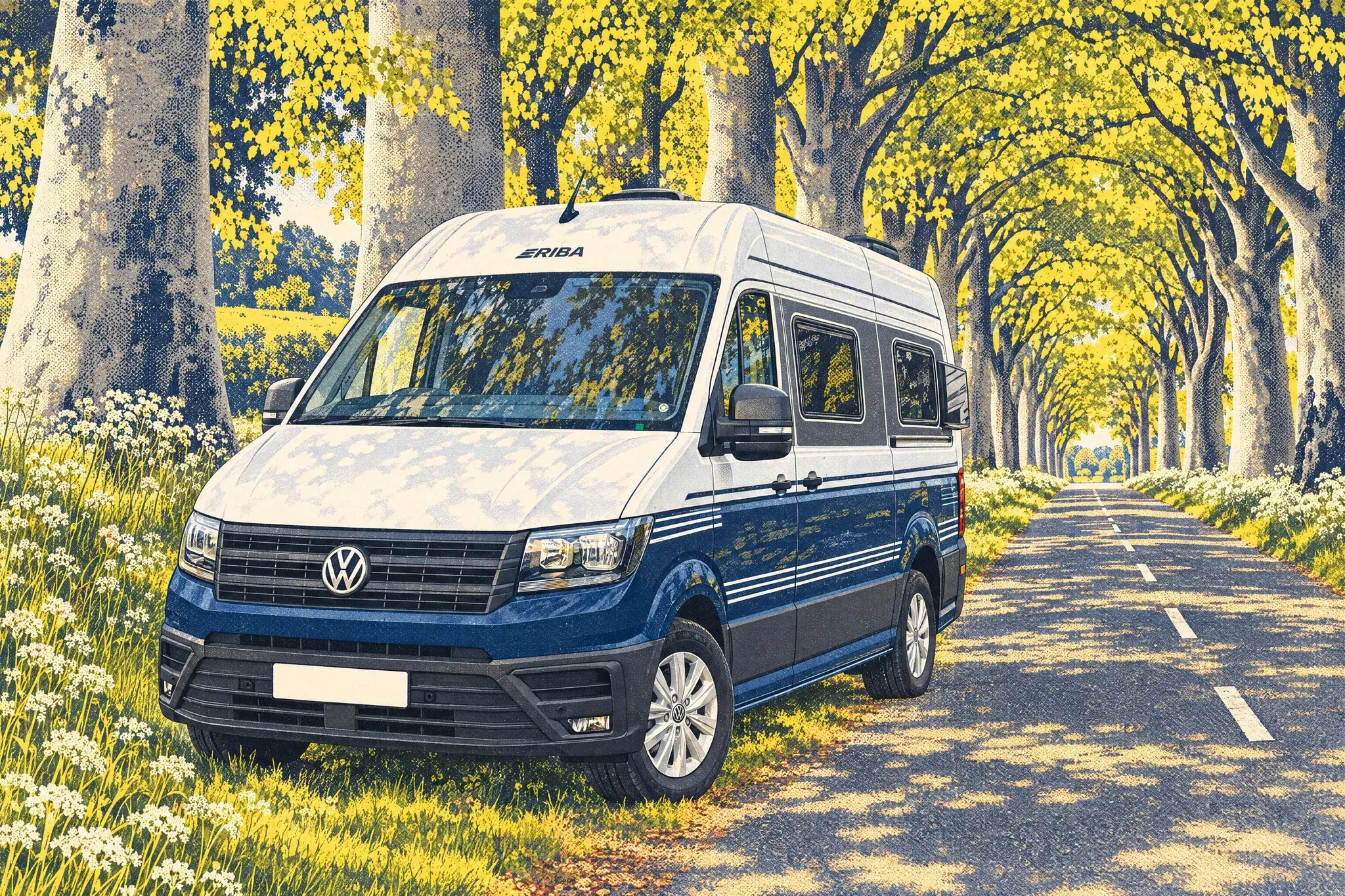 Illustration of a blue and white Eriba Car 600 campervan, built on a VW Crafter, parked under the sun-dappled beech avenue at Kingston Lacy, Dorset, in May.