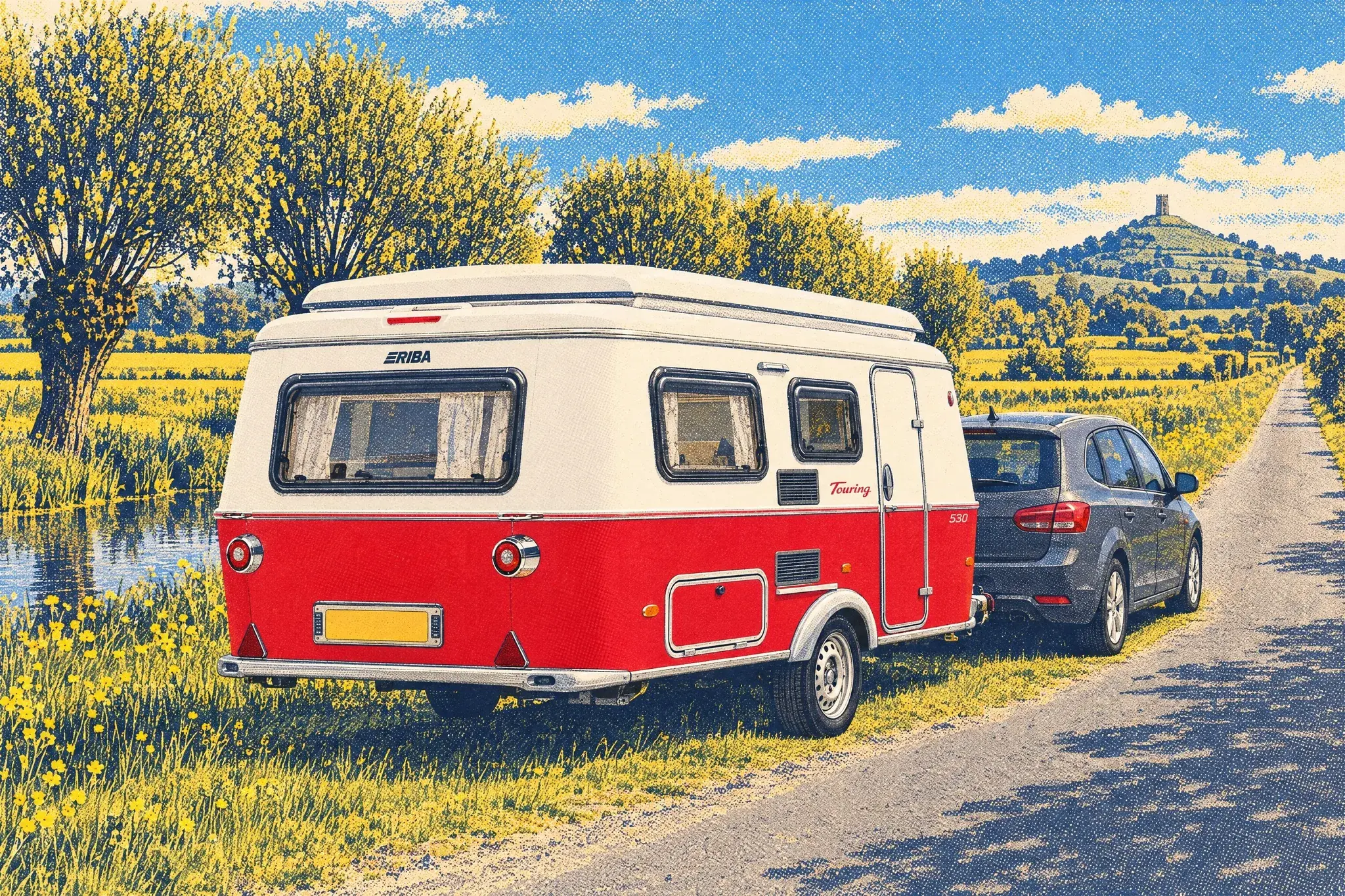 An Eriba Touring Troll pop-top caravan hitched to a family car on a straight willow-lined lane across the Somerset Levels, with Glastonbury Tor on the skyline.