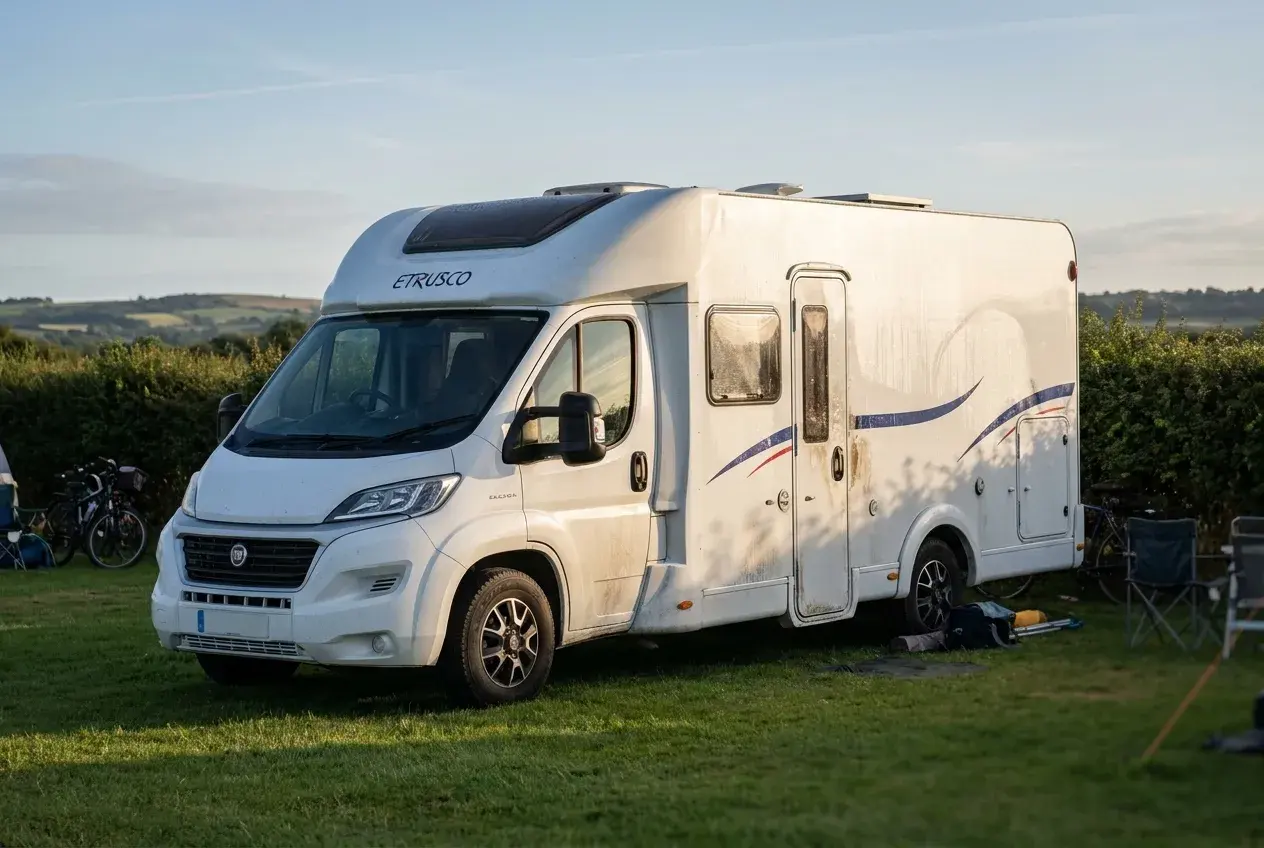 A white Italian-styled coachbuilt motorhome on a Fiat Ducato base parked on a grassy UK campsite pitch in warm evening light.