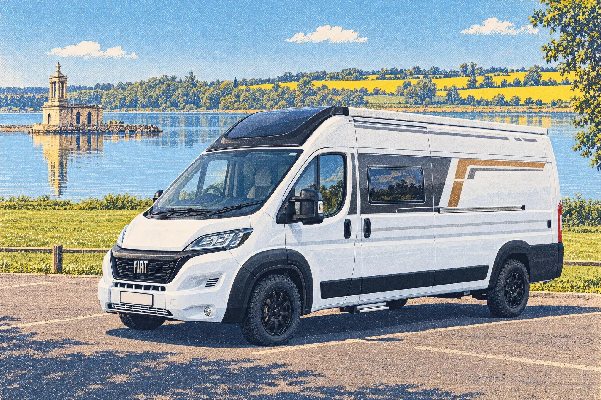 Illustration of a 2027 Eura Mobil Vancona Fiat Ducato campervan beside Rutland Water on a calm May morning, with Normanton Church standing in the still water behind.