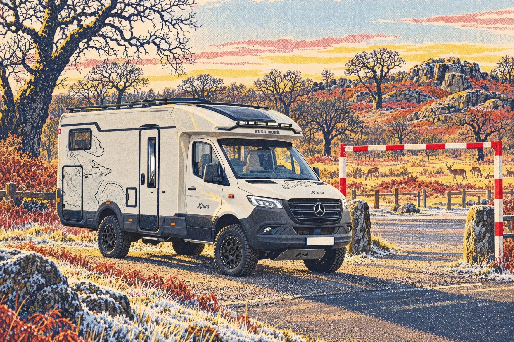 The tall Eura Mobil Xtura 656 HB 4x4 motorhome, roof tent lowered, towers over a 2 m car park height barrier in a frosty Leicestershire deer park on a clear December afternoon.