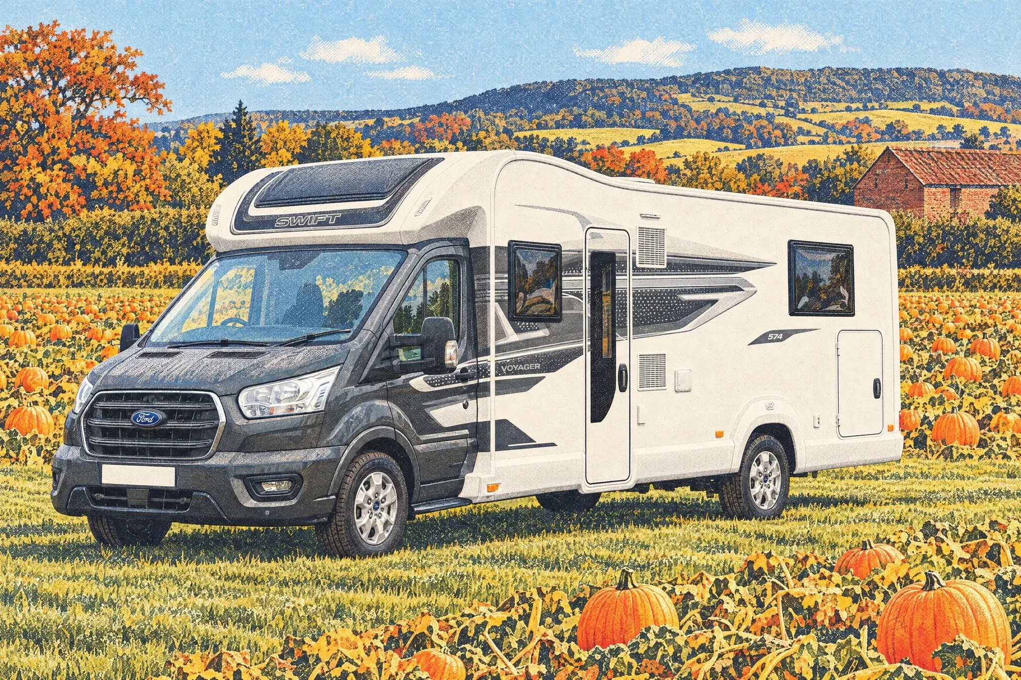 Illustration of a Swift Voyager 574 motorhome with a grey Ford Transit cab, seen from its habitation-door side beside a field of orange pumpkins on a bright October morning.