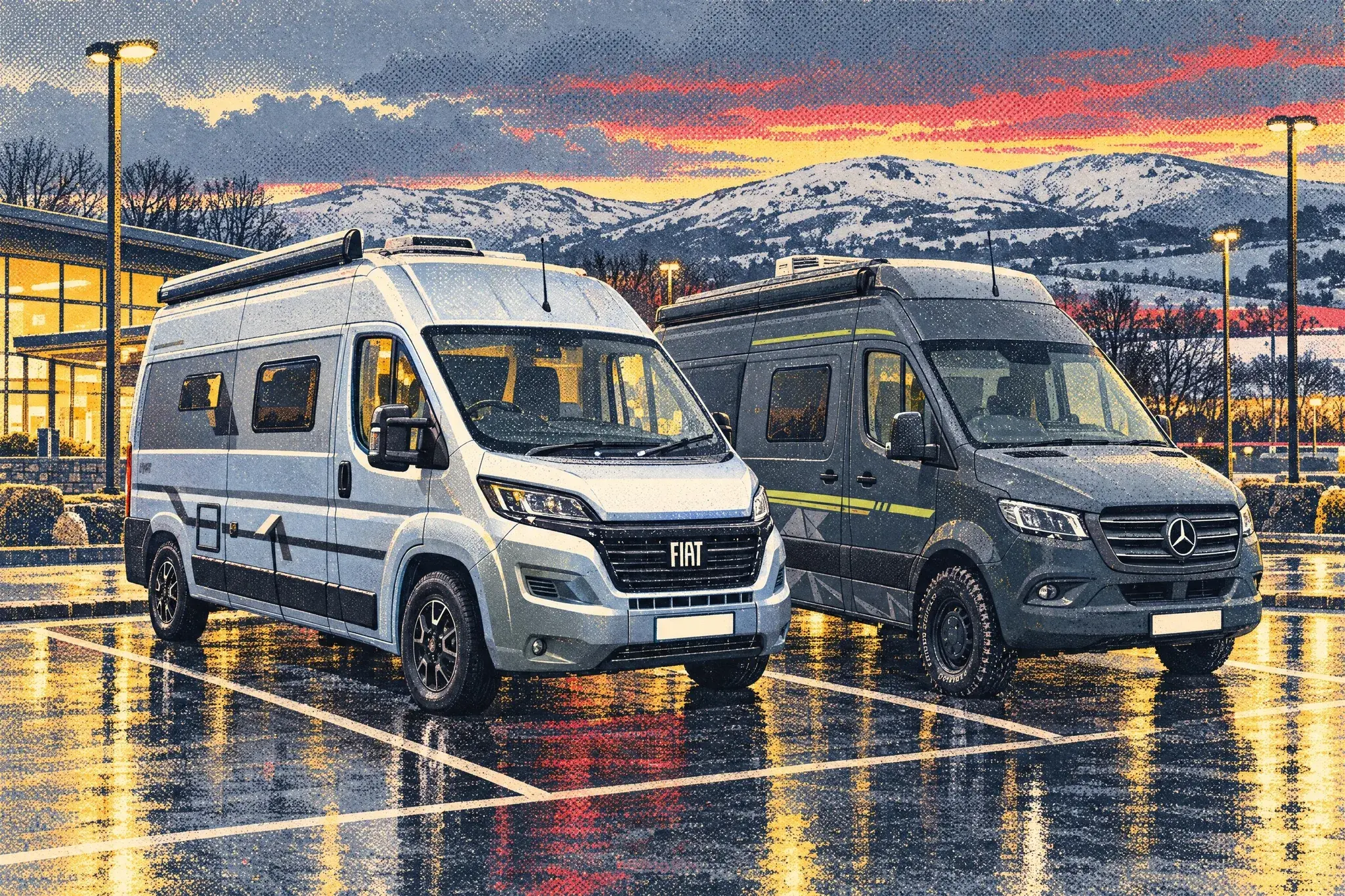 A Fiat Ducato-based and a Mercedes Sprinter-based Hymer campervan side by side on wet tarmac at Tebay Services at dusk, the snow-capped Howgill Fells behind.