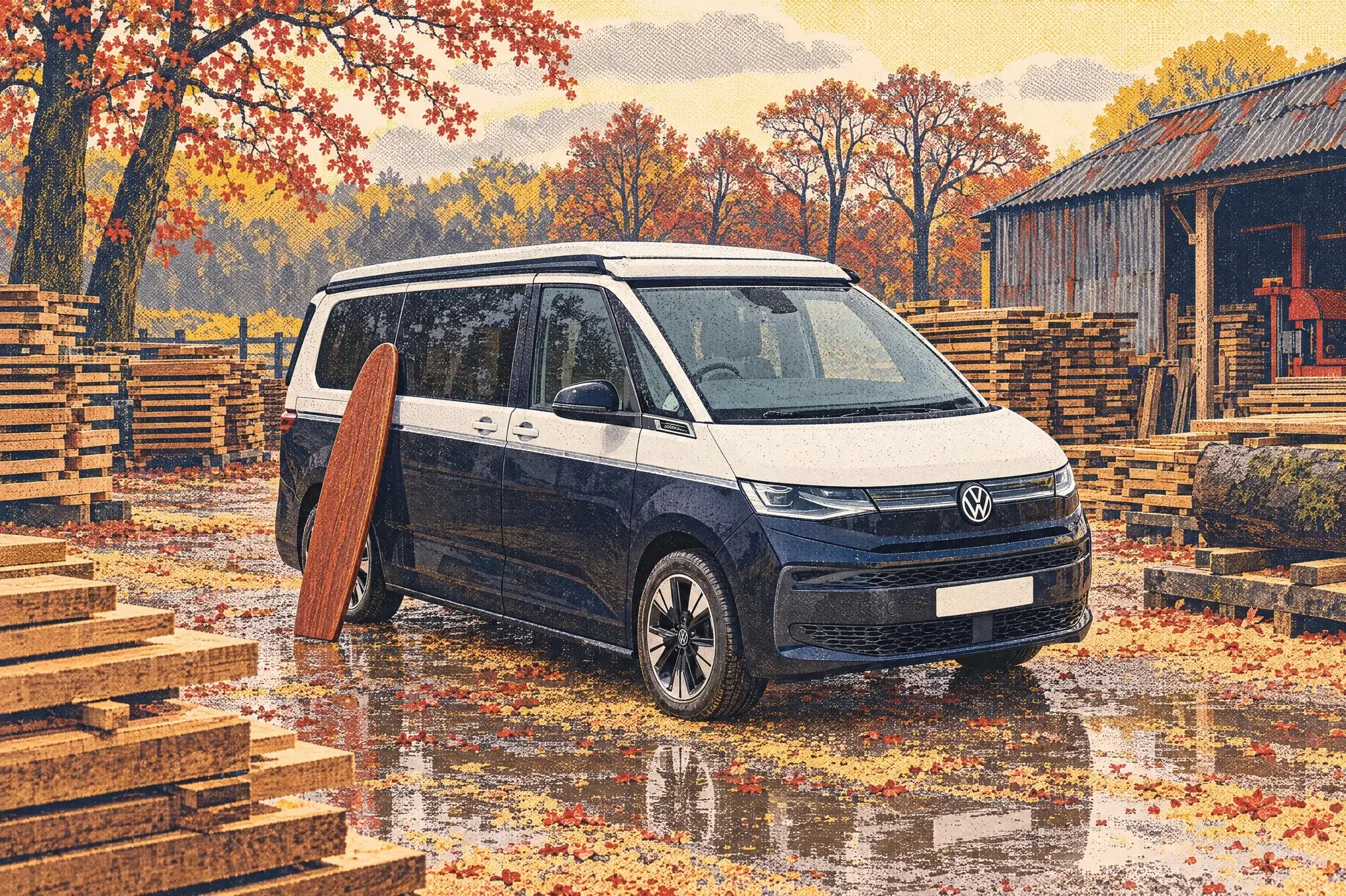 Illustration of a VW California campervan among oak and larch timber stacks in a rainy Forest of Dean sawmill yard, with a finless wooden alaia surfboard leaning against its side.