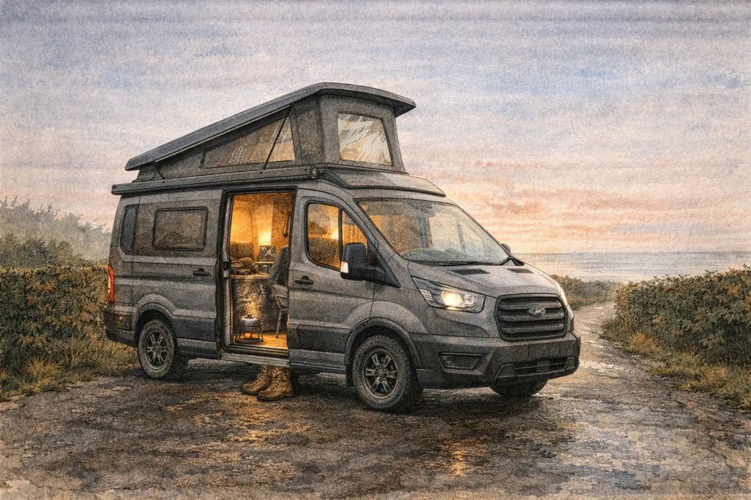 Ford Transit campervan with pop-up roof extended, interior lights on, parked on coastal path at dusk.