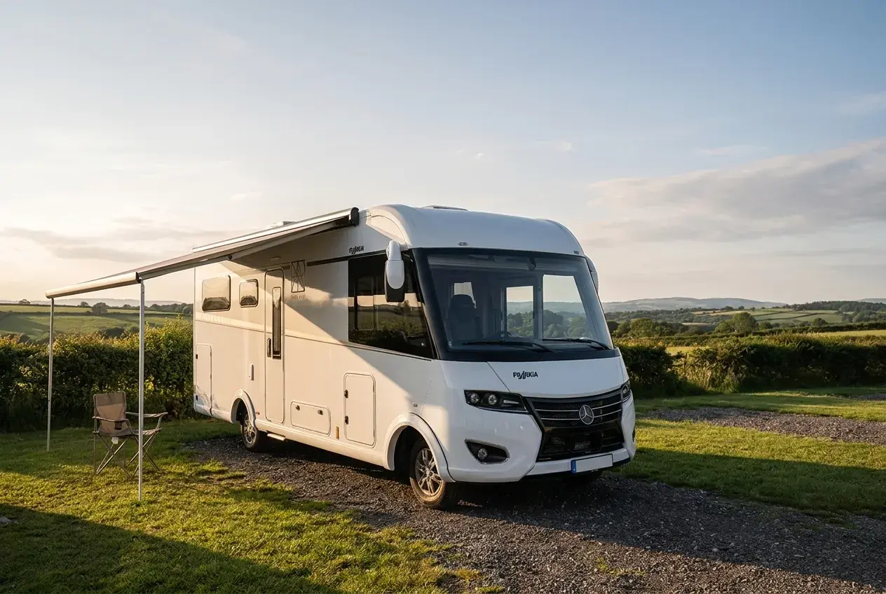 A large premium coachbuilt motorhome parked on a grassy UK campsite pitch in warm evening light, with a chair beside it and open countryside behind.
