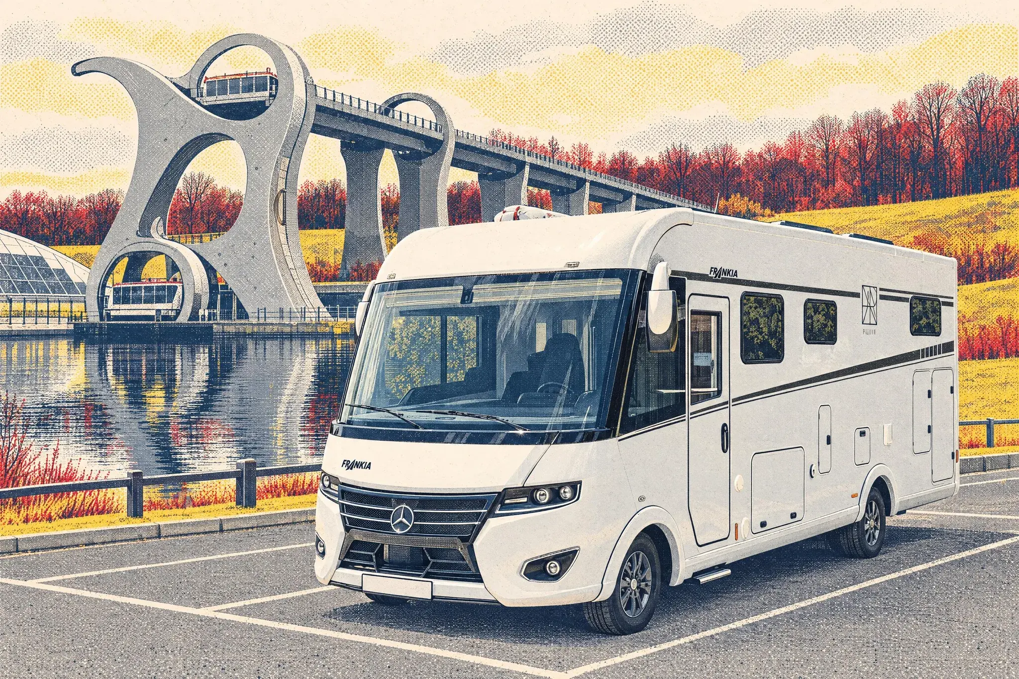 A Frankia Platin I 7900 GD motorhome in the Falkirk Wheel visitor car park on a still, grey February afternoon, the giant steel boat lift rising behind.