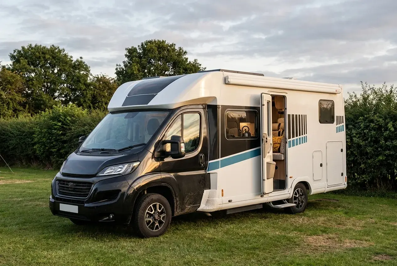 A modern white coachbuilt motorhome parked on a grassy UK campsite pitch in golden evening light with its side door open.