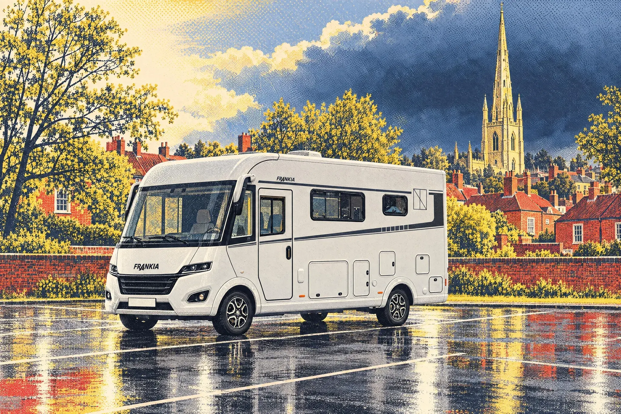Illustration of a Frankia NOW A-class motorhome on wet tarmac in a Louth car park, the sunlit spire of St James' Church rising against a dark shower cloud.