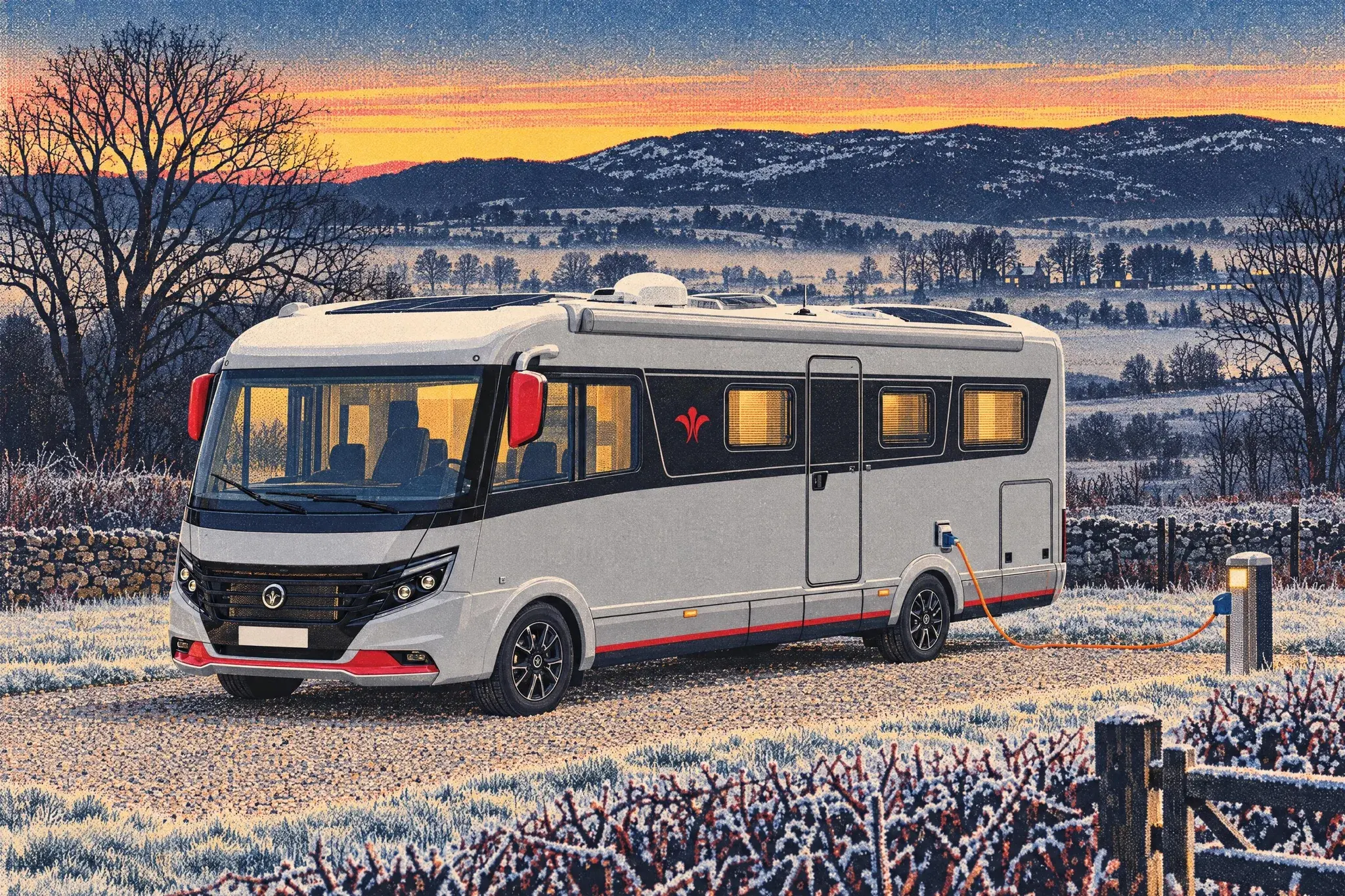 Illustration of a Niesmann+Bischoff iSmove motorhome on a frosty Northumberland campsite pitch just after a midwinter sunset, plugged into hook-up, windows glowing.