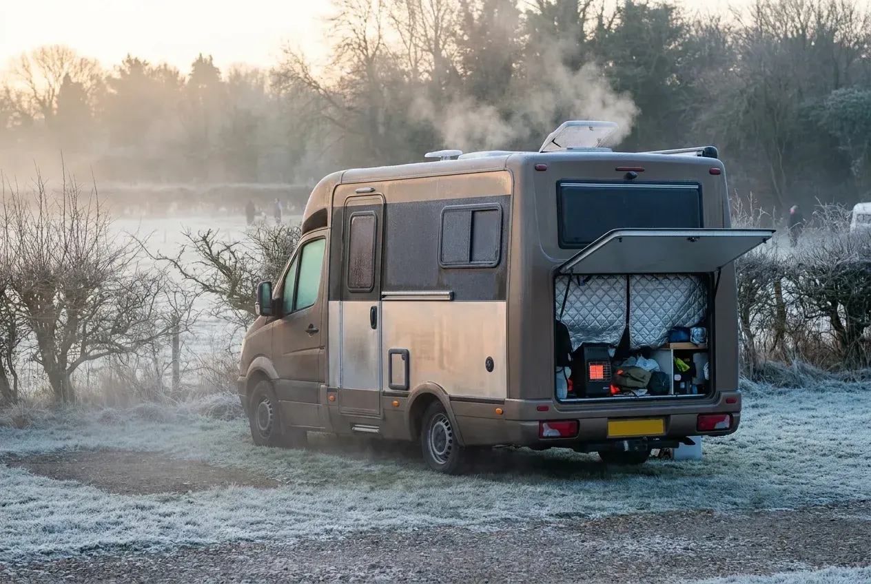 A coachbuilt motorhome on a frosty British campsite at dawn with its side storage hatch open, surrounded by mist and frost-covered ground.