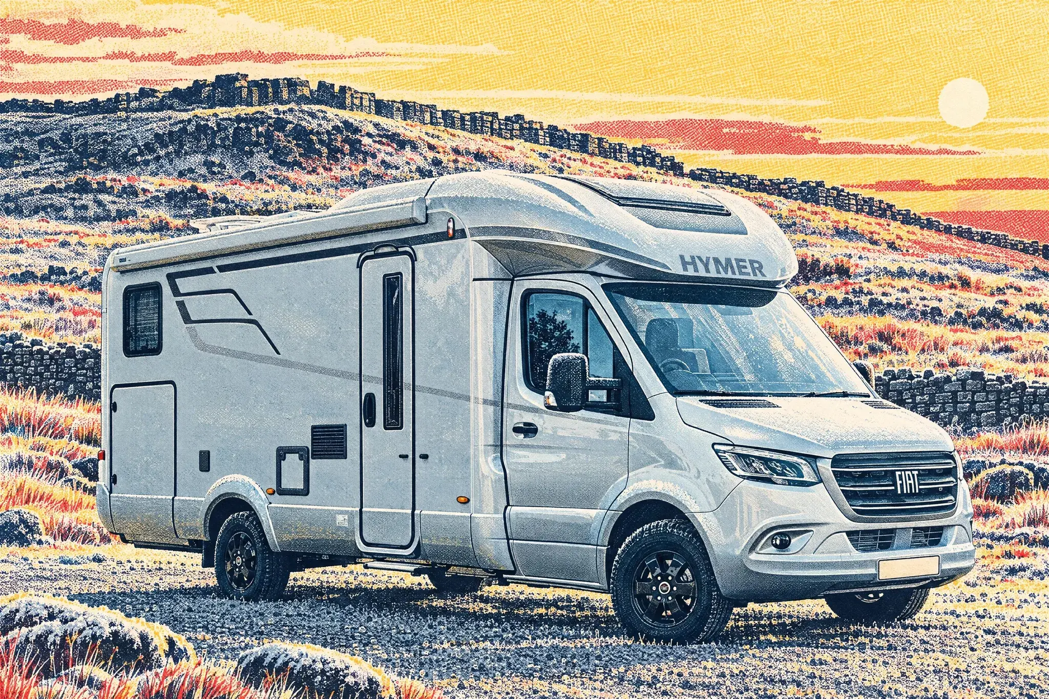 A Hymer B-Class motorhome stands alone in the frost-white Steel Rigg car park below Hadrian's Wall and its whinstone ridge on a still, clear winter morning.