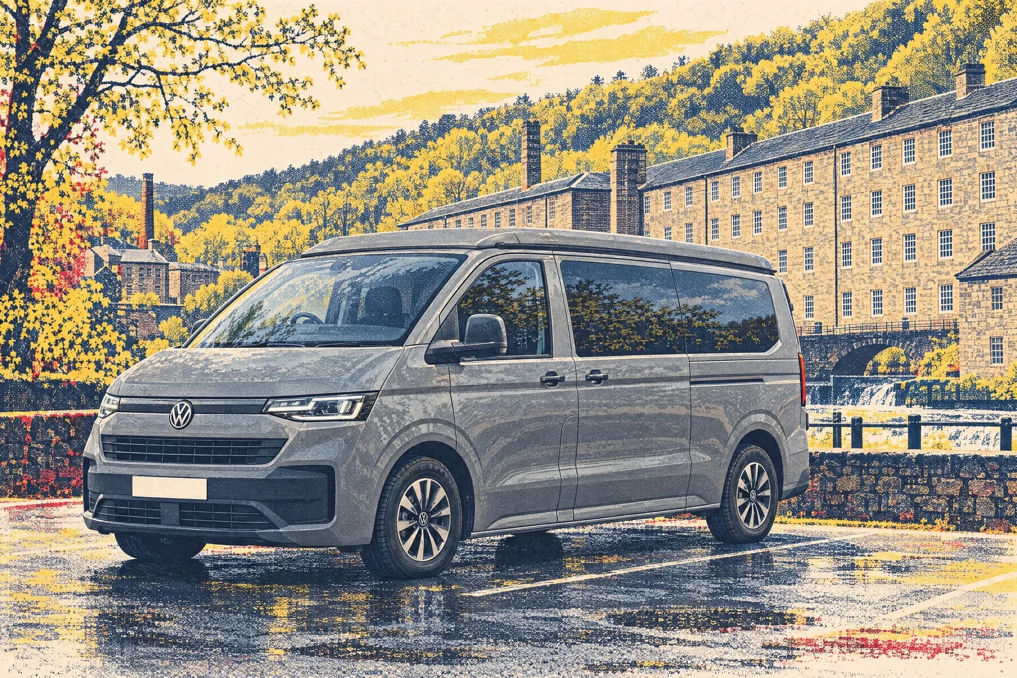 A Hillside Cromford T7 campervan, a long-wheelbase VW Transporter T7 with its pop-top closed, parked by Arkwright's gritstone mill at Cromford, Derbyshire, in spring.