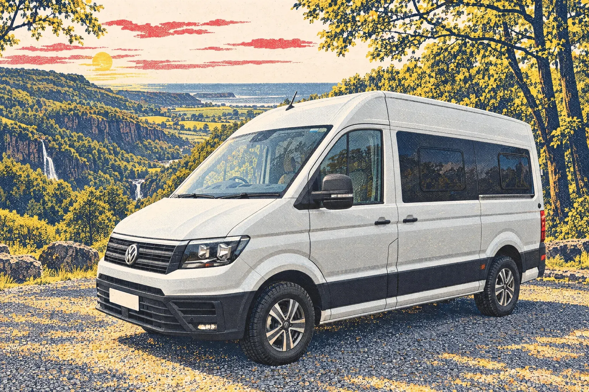 Illustration of a Hillside Hopton 600RS campervan on a VW Crafter base, parked in a gravel car park above Glenariff glen, County Antrim, on a bright late-May evening.