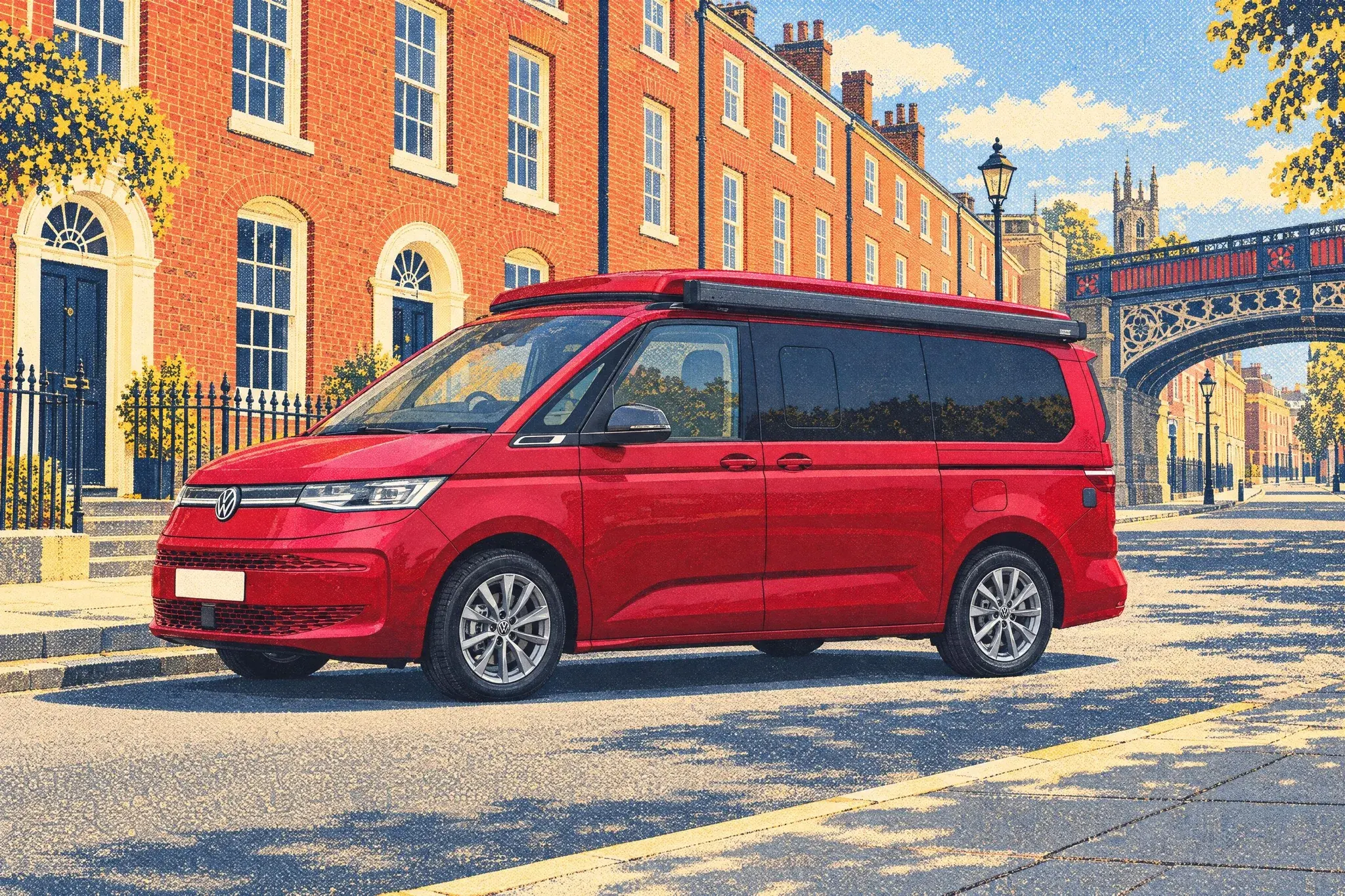 Illustration of a Hillside MVX campervan on a Volkswagen Multivan eHybrid, pop-top closed, parked on Derby's Georgian Friar Gate near its cast-iron railway bridge on a sunny June morning.