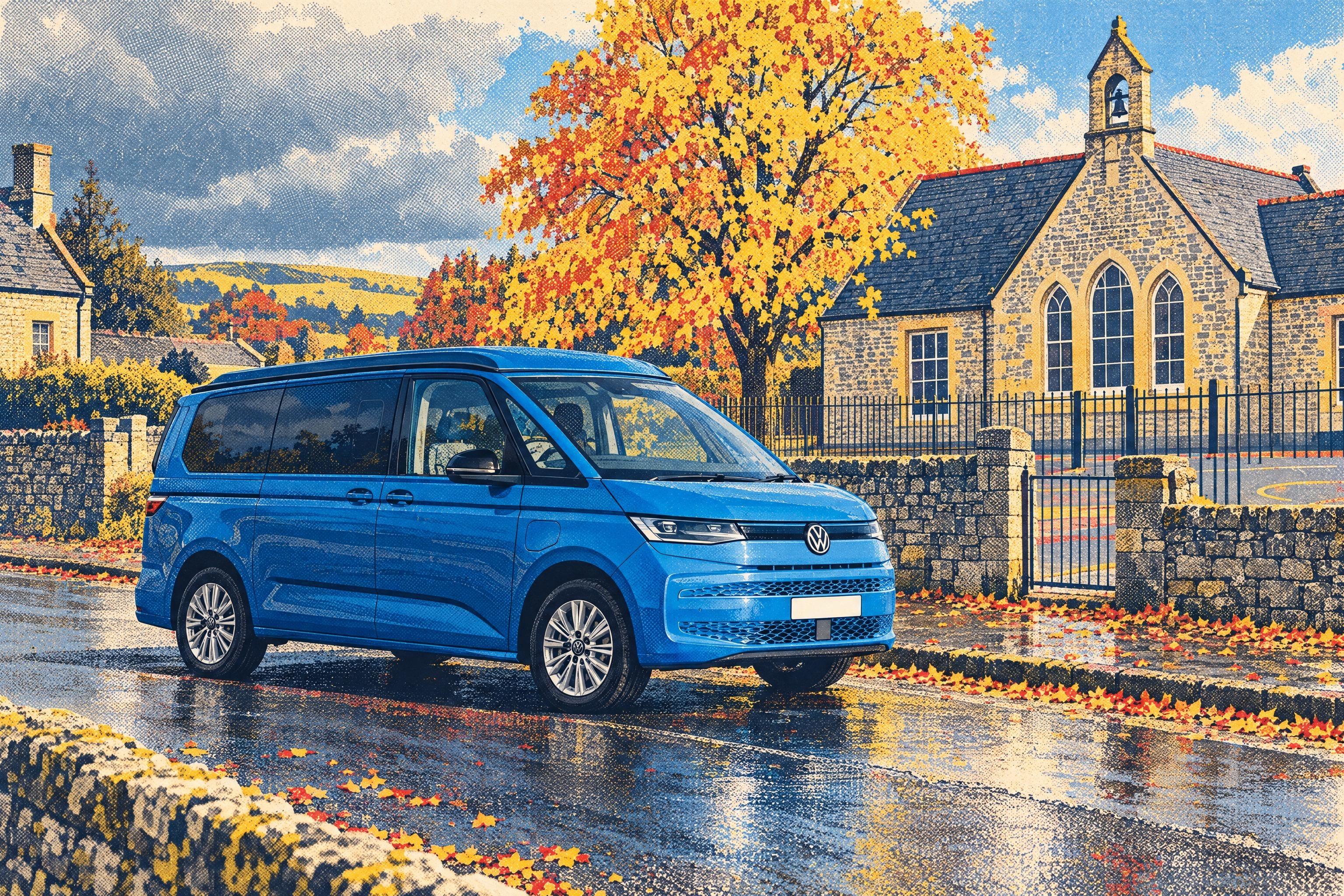 A Hillside MVX camper on the VW Multivan, roof closed, parked on a wet Derbyshire village lane opposite a Victorian stone school on an autumn morning.