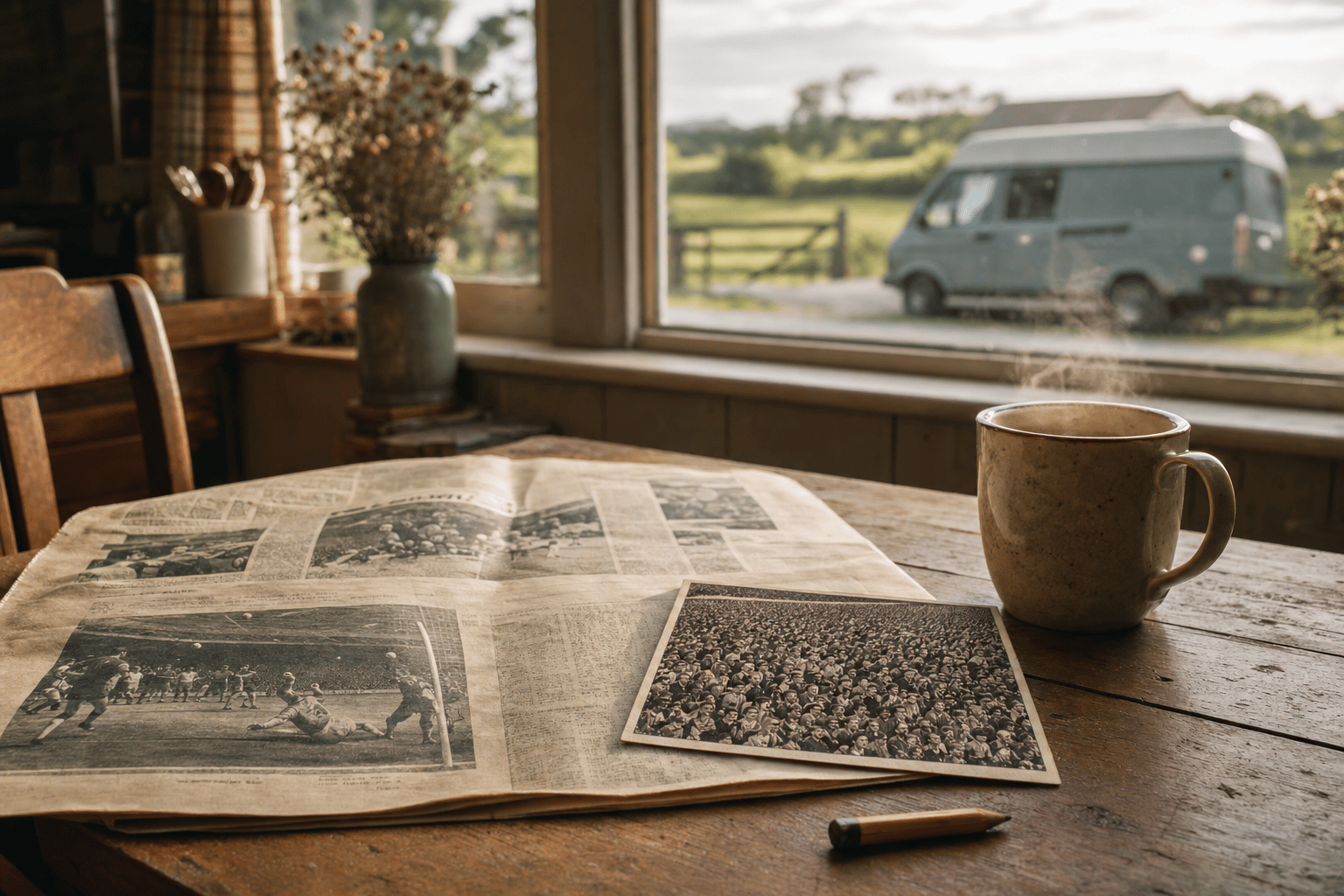 An old newspaper and a spot-the-ball style coupon on a wooden kitchen table with a mug of tea, a campervan blurred through the window in warm light.
